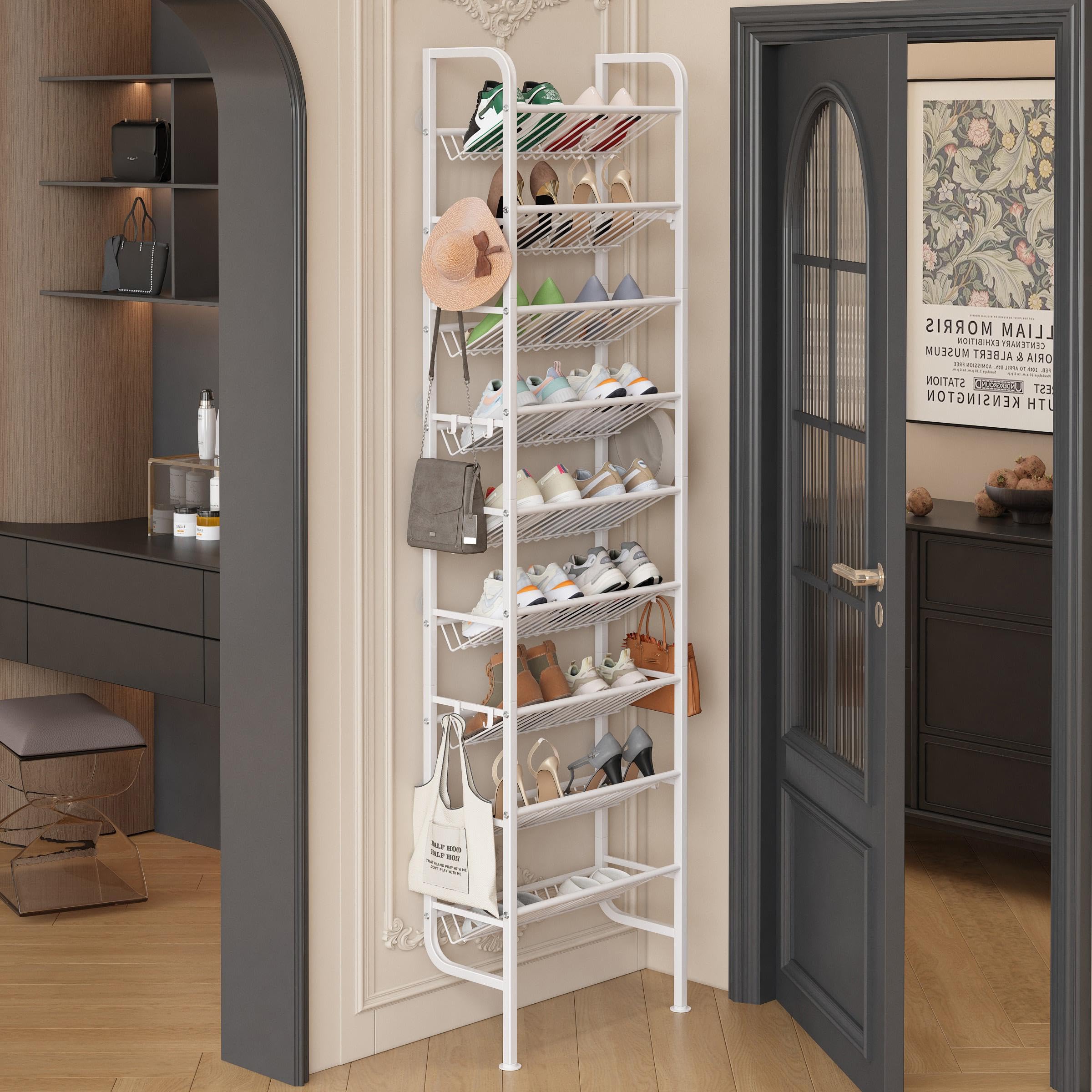 Ornestia Narrow Shoe Rack Over the Door,9 Tier Shoe Storage Organizer with Hooks, Metal Tall Shoe Shelf for Small Spaces and Hallway,White-45.5 x 20 x 176cm