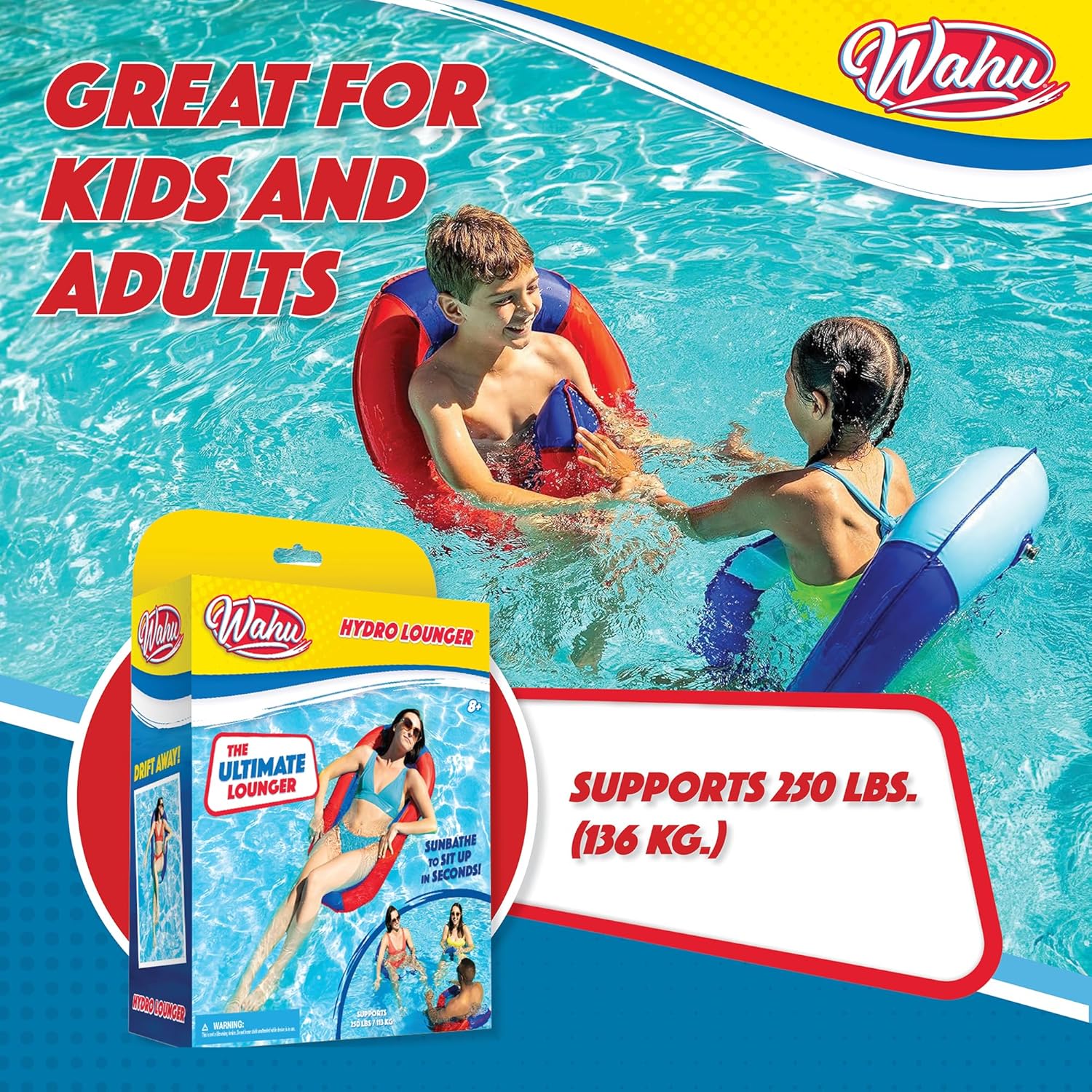Wahu Hydro Lounger Versatile Pool Lounge Float for Sunbathing, Inflatable Beach and Pool Float Lounger with Inflate/Deflate Valve, Red/Blue