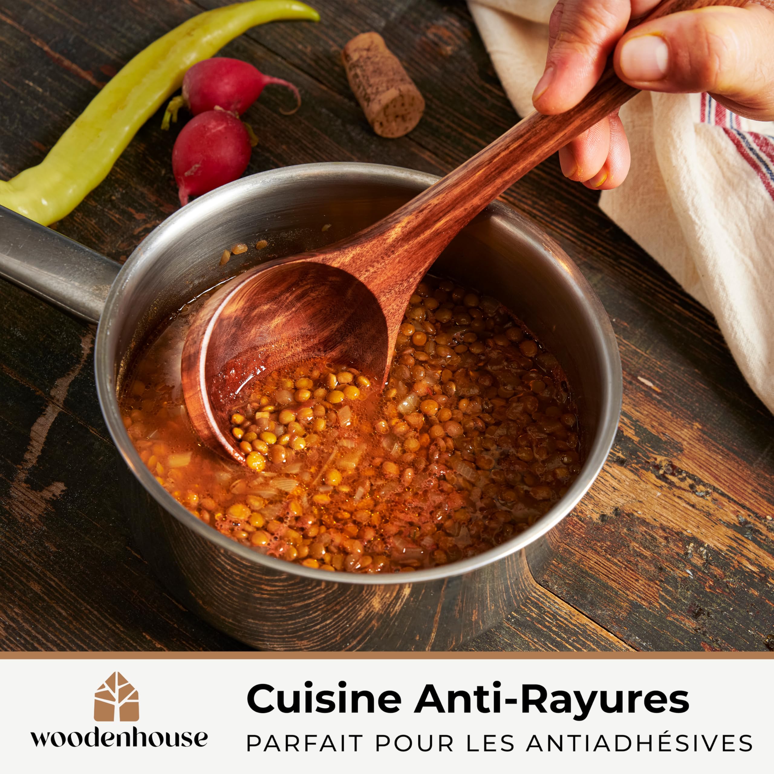 Ustensiles de Cuisine Bois en Teck – Lot de 4 Spatules Cuisine + Louche en Bois 31,5 cm avec Crochet – Anti-Rayures, Antiadhésifs, Résistants à la Chaleur, Pour Mélanger, Racler, Servir