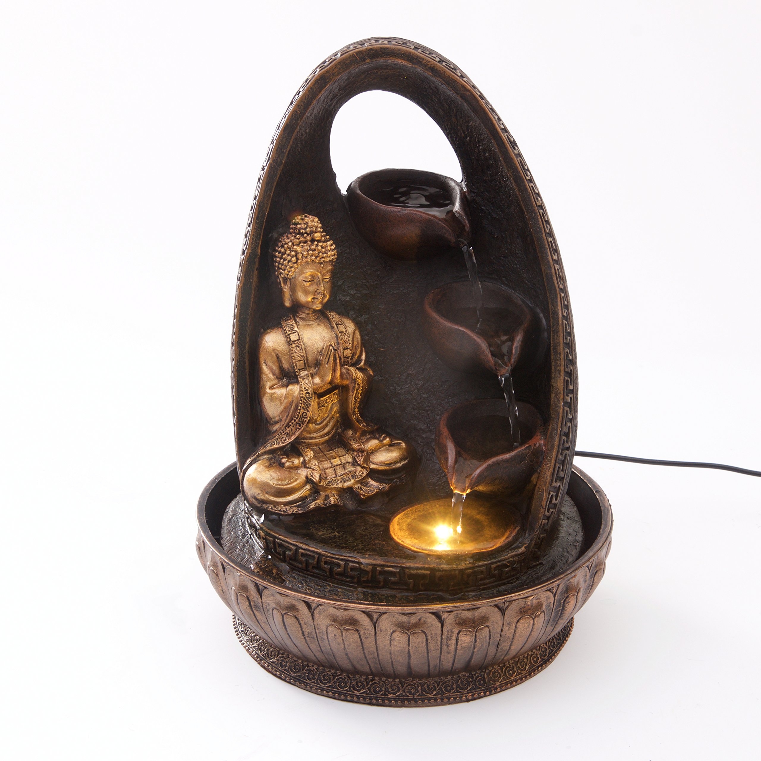 Golden Buddha Prayer with Water Cups Indoor Water Fountain with LED