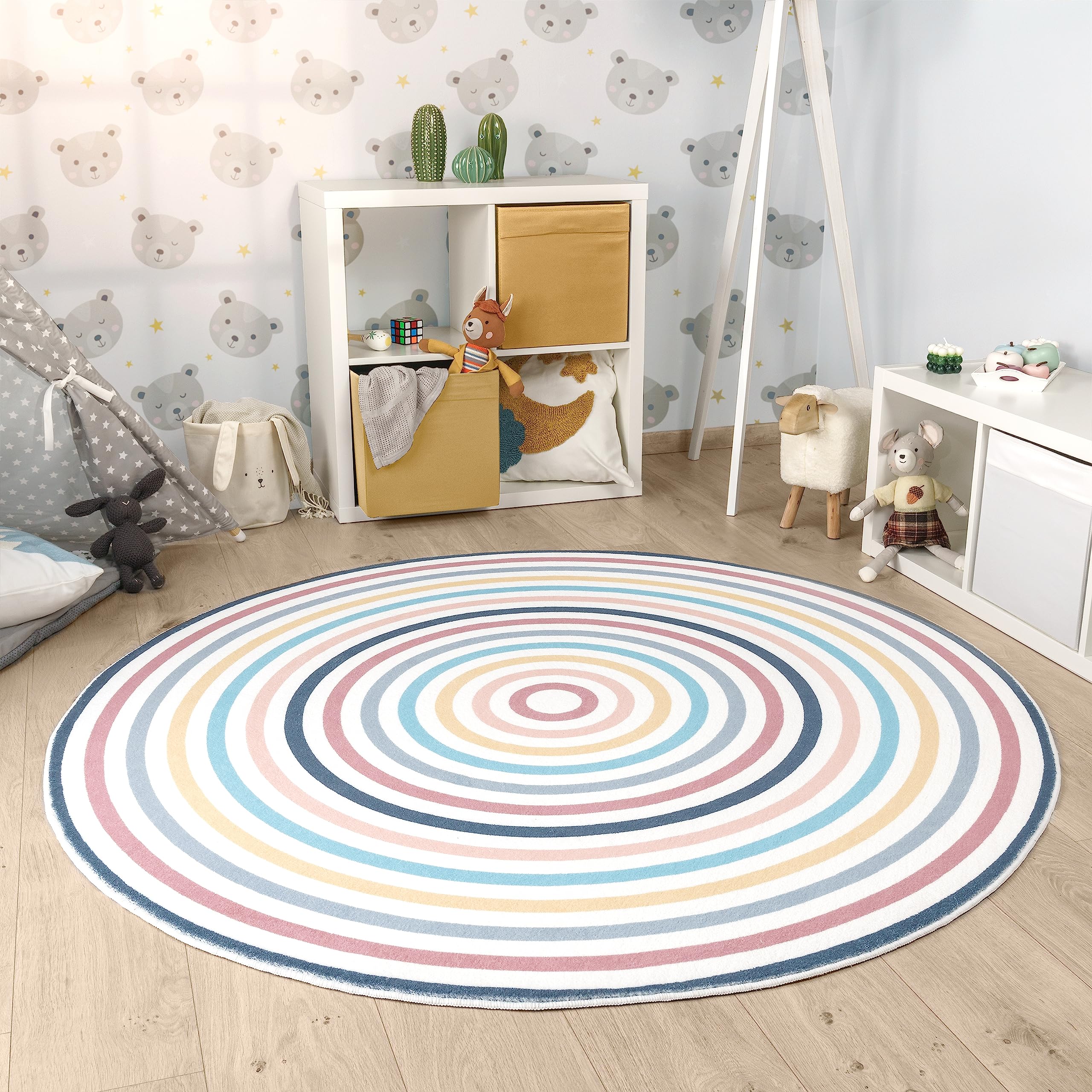 Paco Home Alfombra De Habitacion Bebe Infantil Niña Niño De Juego Retonda Arcoíris Se Puede Lavar En La Lavadora Moderna, tamaño:Ø 100 cm Redon, Color:Multicolor 4