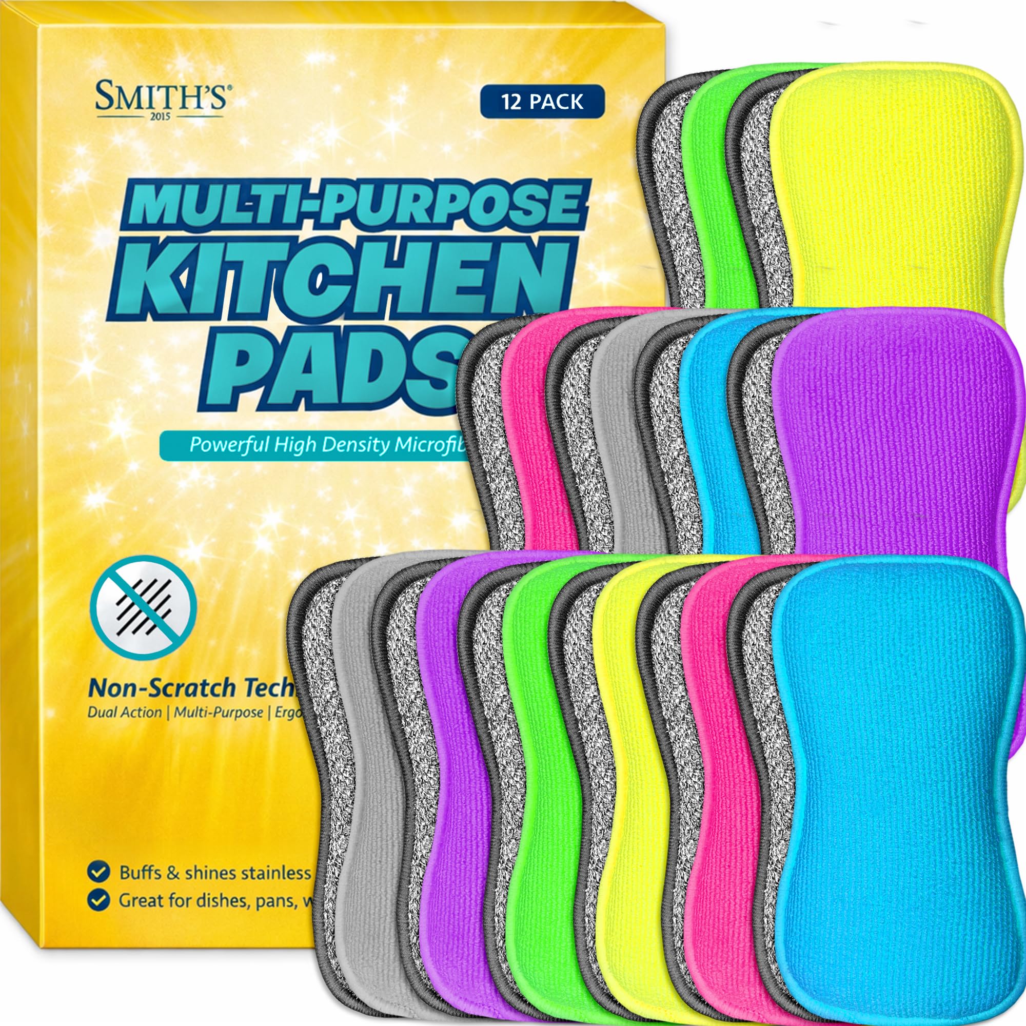 Smith's 2015 Pink, Blue, Grey, Purple, Green, Yellow Multi-Purpose Kitchen Pads By Smith’s® | Multicoloured | 12 Pack | Washing Up Dishes & Multi-Surface Scrub Sponges | Kitchen & Home | Non-Scratch | Durable | Chemical Free