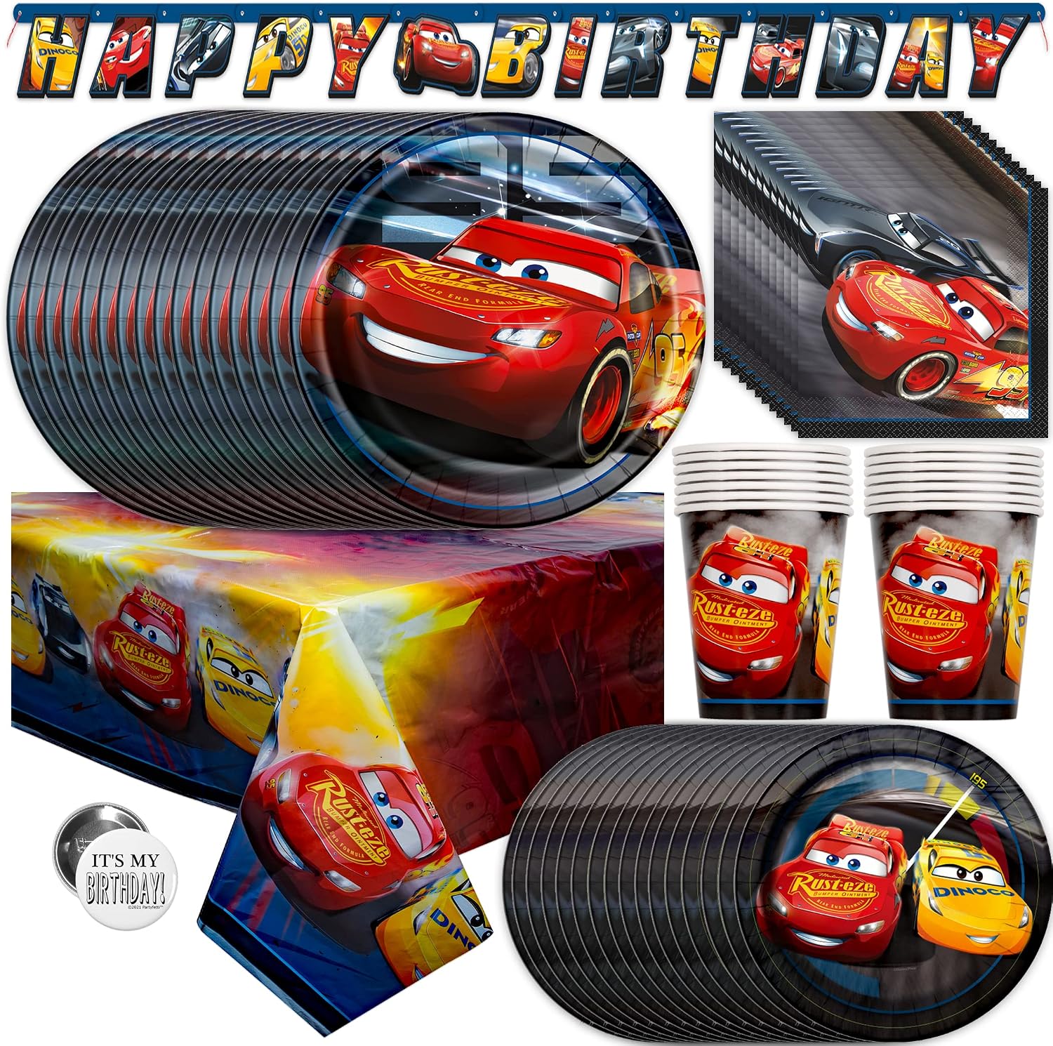 Disney Cars Party Supplies and Decorations for Birthday, Serves 16 Guests, Perfect for Girls and Boys, Easy Setup and Takedown with Table Cover, Plates, Napkins & More