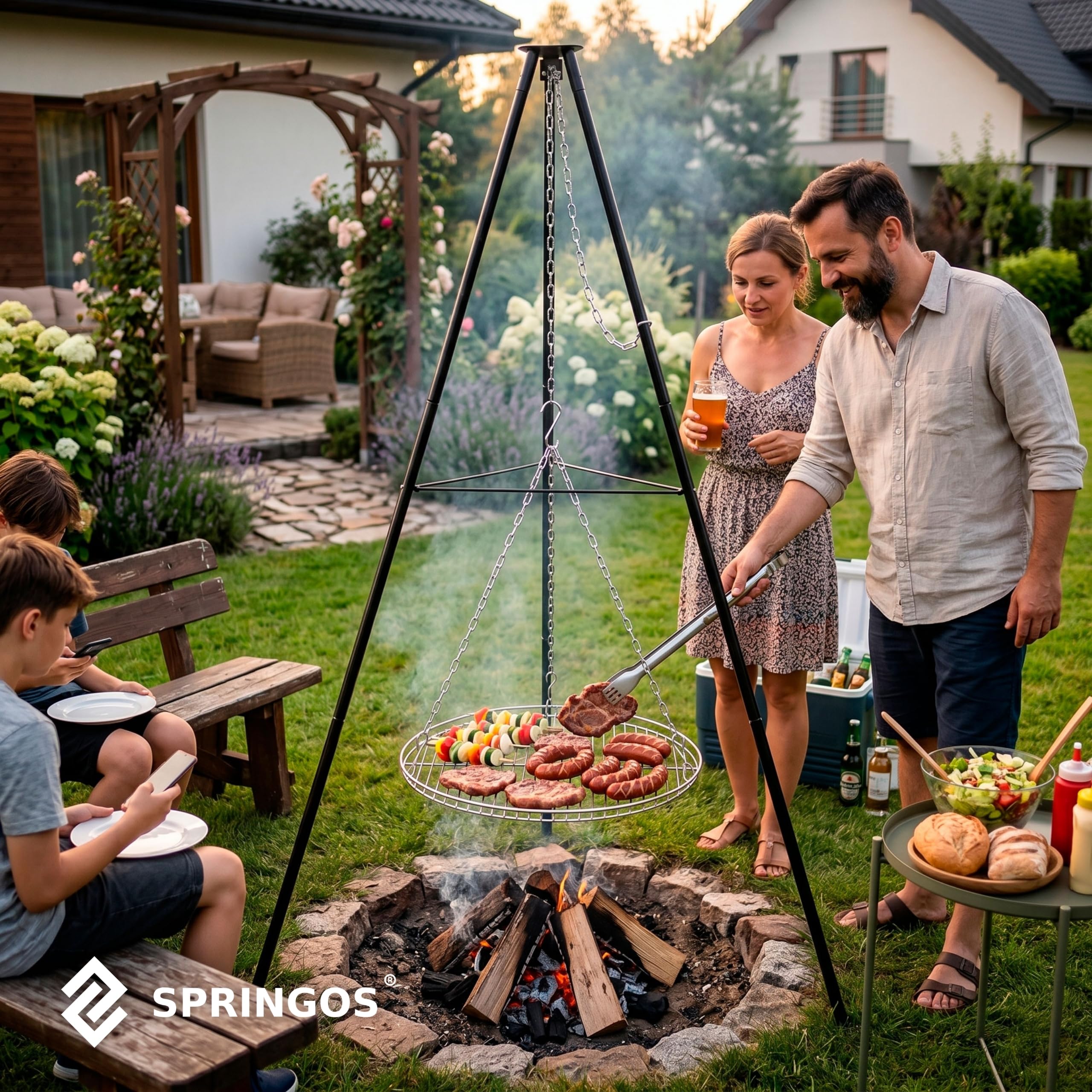Springos Schwenkgrill Dreibein Grill mit Höhenverstellbarem Grillrost Holzkohlegrill BBQ Grill für Lagerfeuer Garten Terrasse Camping Outdoor Grillrost SPRINGOS