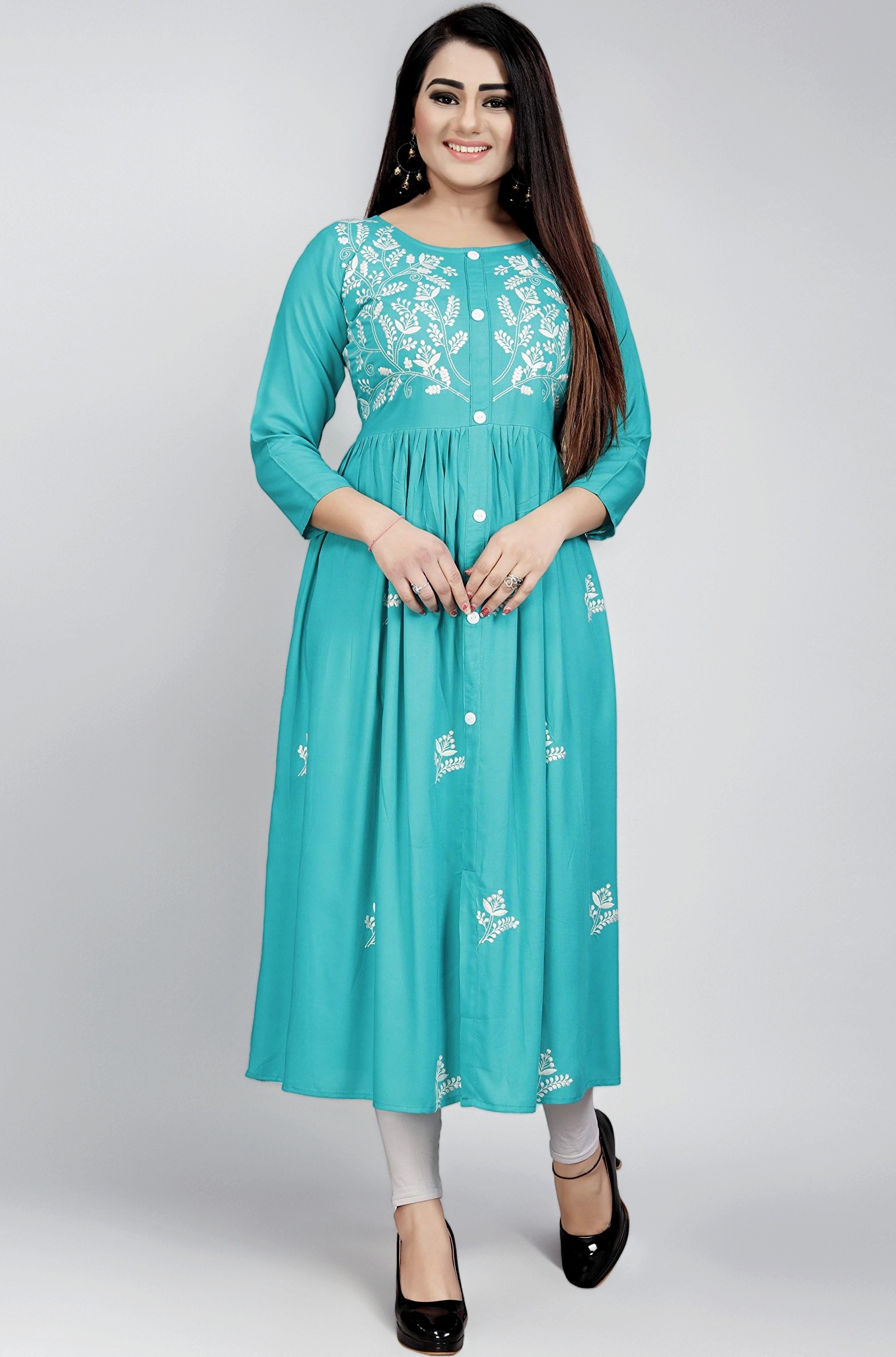 Women's Rayon Flared Embroidery Kurti Under 599 Designer Attractive Look Women's Kurta