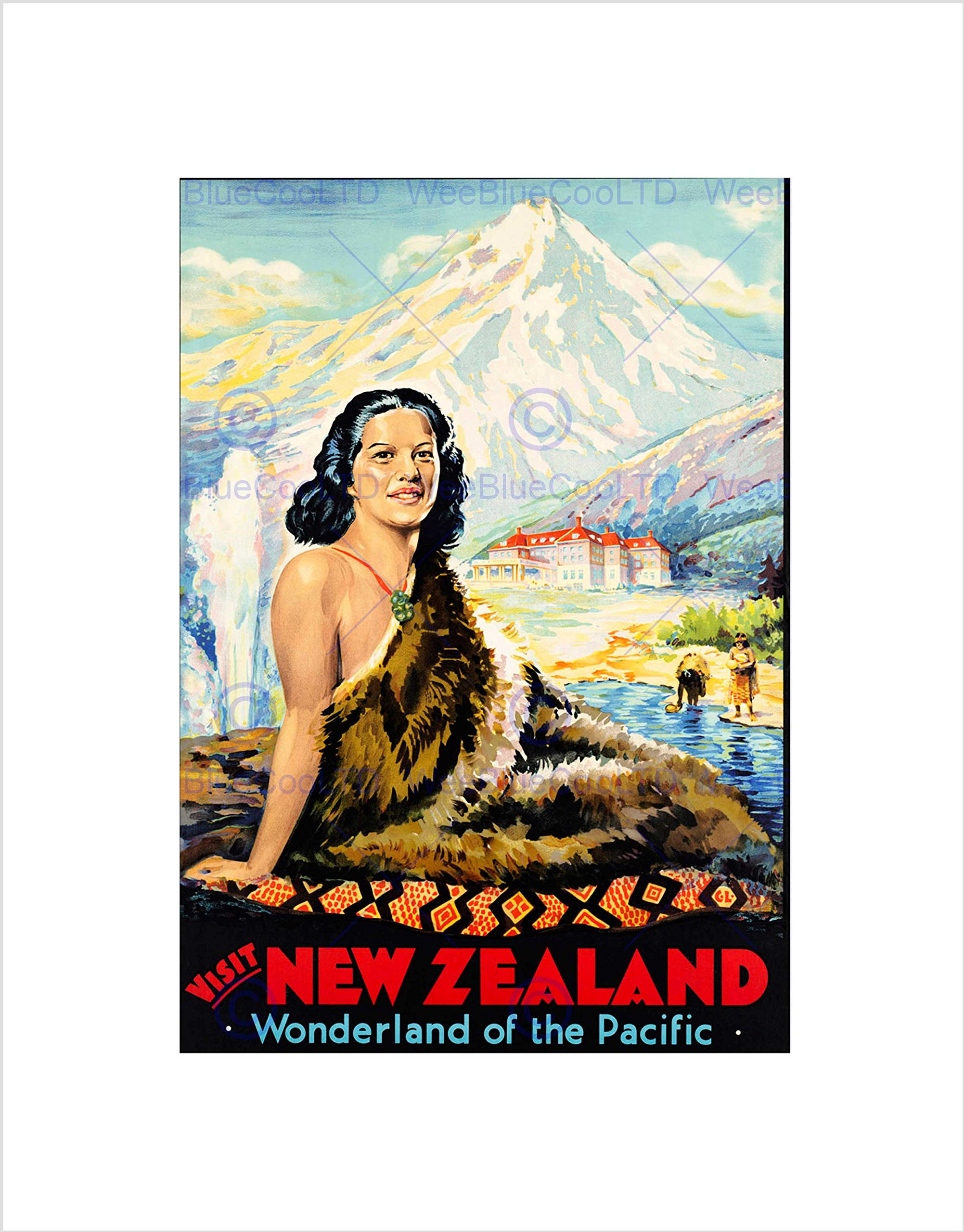 Wee Blue Coo TRAVEL NEW ZEALAND WONDERLAND MOUNTAIN GEYSER MAORI FRAMED ART PRINT B12X6491