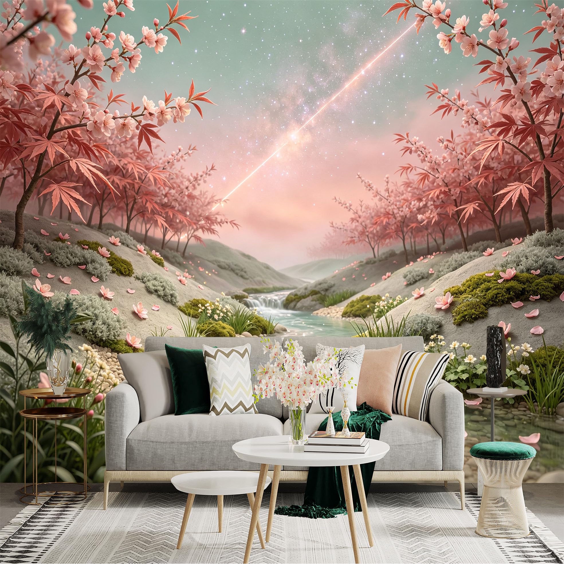 Lnzczhyre Bh260719014 Custom Size Wall Sticker Mural， Dreamy Spring Landscape， Pink Cherry Blossom Trees， Sparkling River And Starry Sky， For Wall Decoration， Peelandstick Wall Decals.