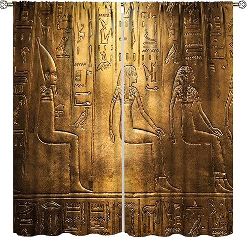 Cortinas con estampado egipcio, cortinas opacas para ventana, jeroglíficos egipcios dorados, detalles logográficos antiguos y elementos alfabéticos