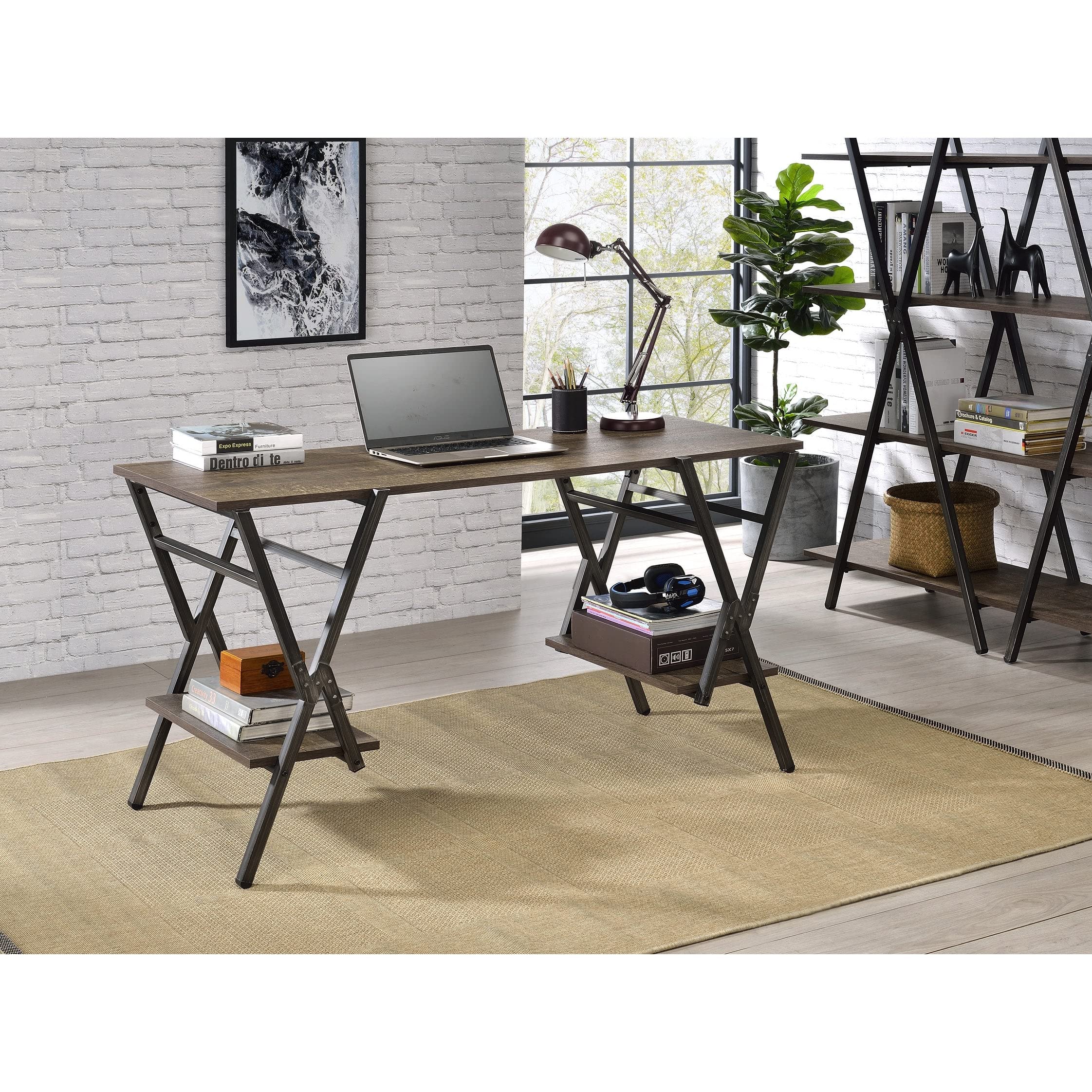 Amazon.com: Rustic Oak Industrial Office Desk Brown Urban Rectangular MDF  Steel Brushed Shelves : Home & Kitchen