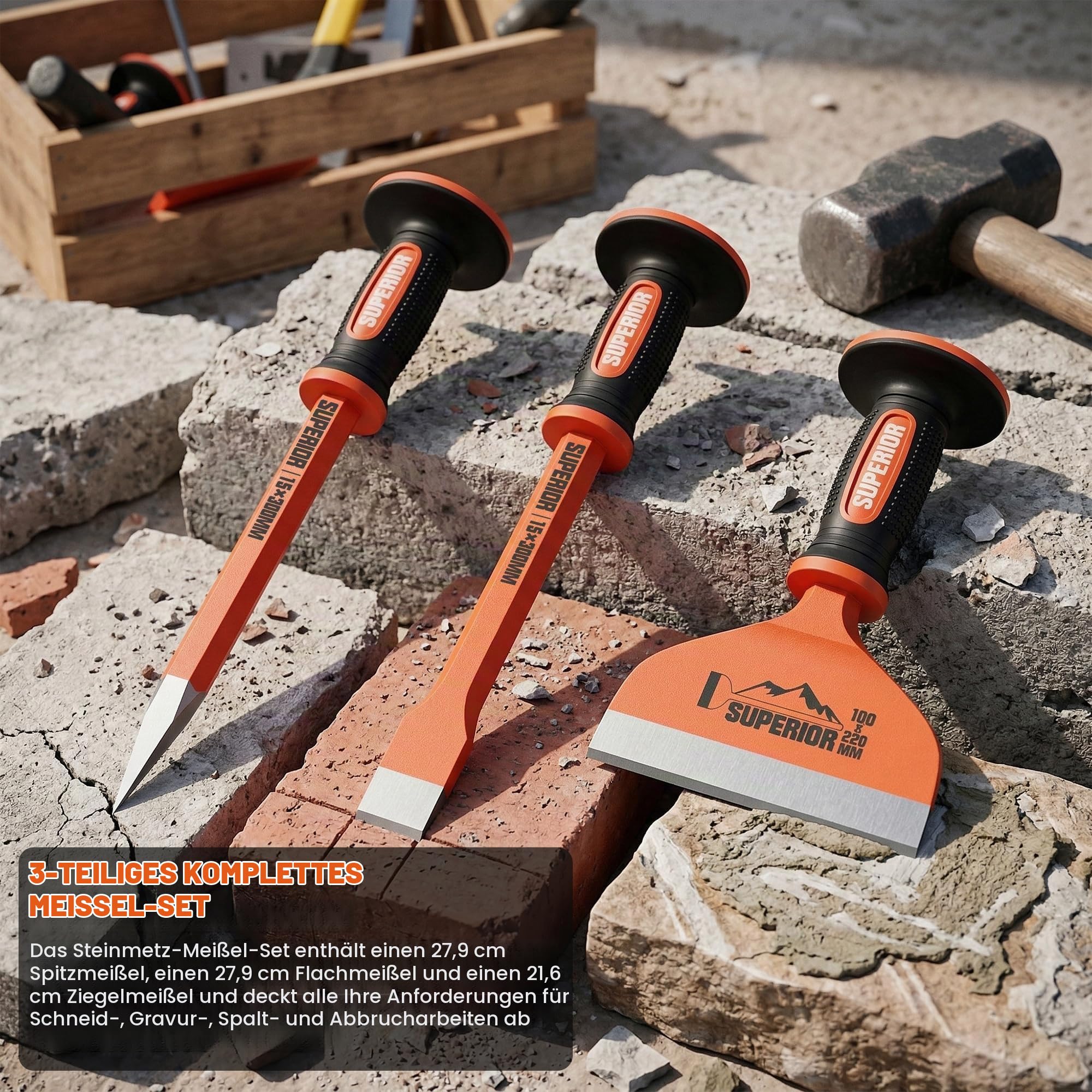 3-Tlg Handmeißel Set mit Handschutz, 22 cm Fliesenmeißel, 30 cm Flachmeißel und 30 cm Spitzmeißel für Präzise Arbeiten an Fliesen, Beton und Stein