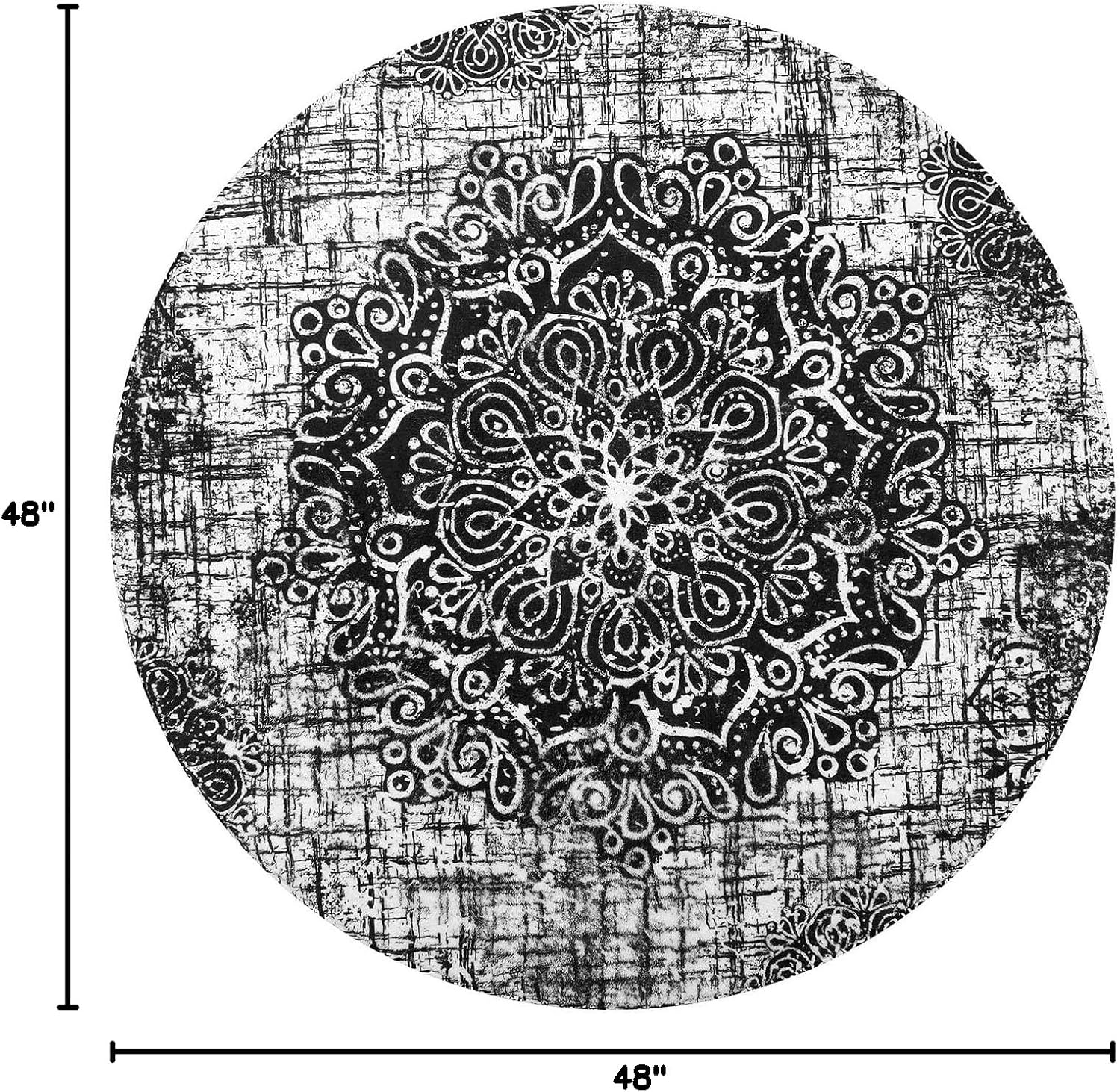 Lahome Vintage Medallion Round Rugs - 4Ft Washable Non-Slip Small Round Area Rug Throw Soft Sofa Round Carpet Black Print Distressed Round Rug for Entryway Kitchen Office Bedroom Dining Room