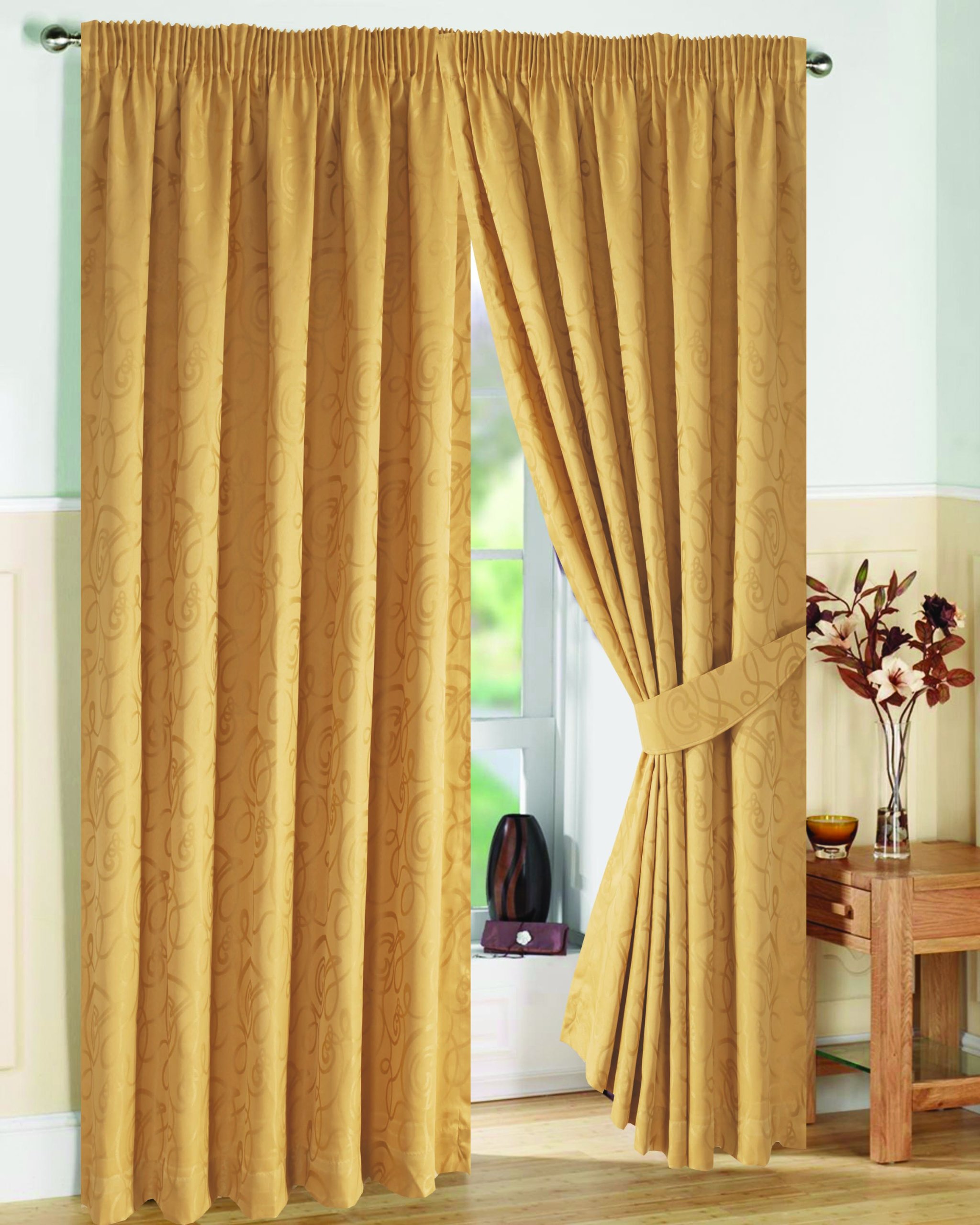 viceroy bedding Pair of Fully Lined GOLD 46" Width x Drop 72" JACQUARD SWIRL DESIGN Pencil Pleat Curtains with Matching Tiebacks