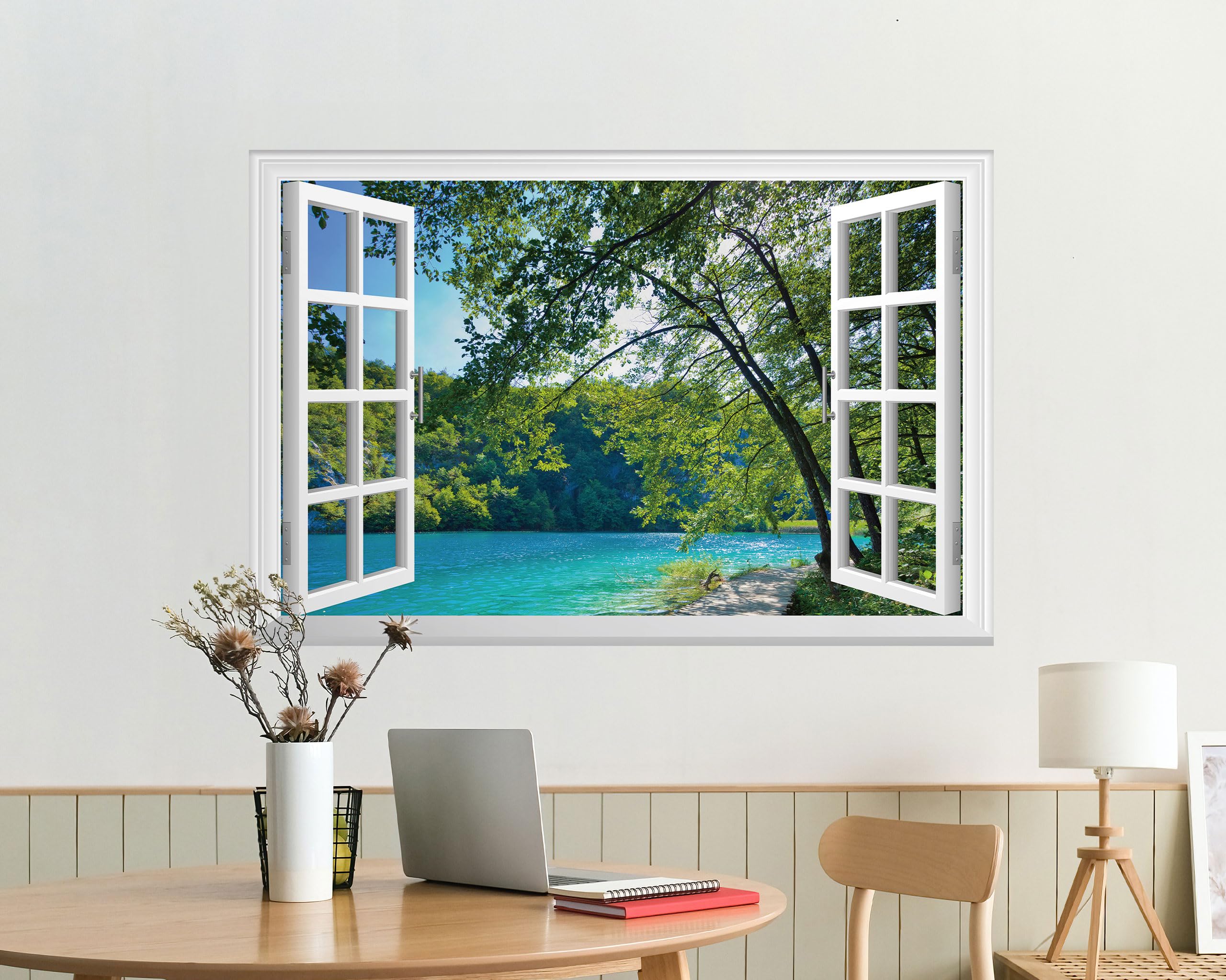 FLFK Adesivo da Parete Finestra Falso - Laghi nella Giungla Adesivo da Parete Finestra Falso per Decorazione da Parete, Adesivi da Parete Strappa e Incolla, 122cmx81cm, Set di 2 Fogli
