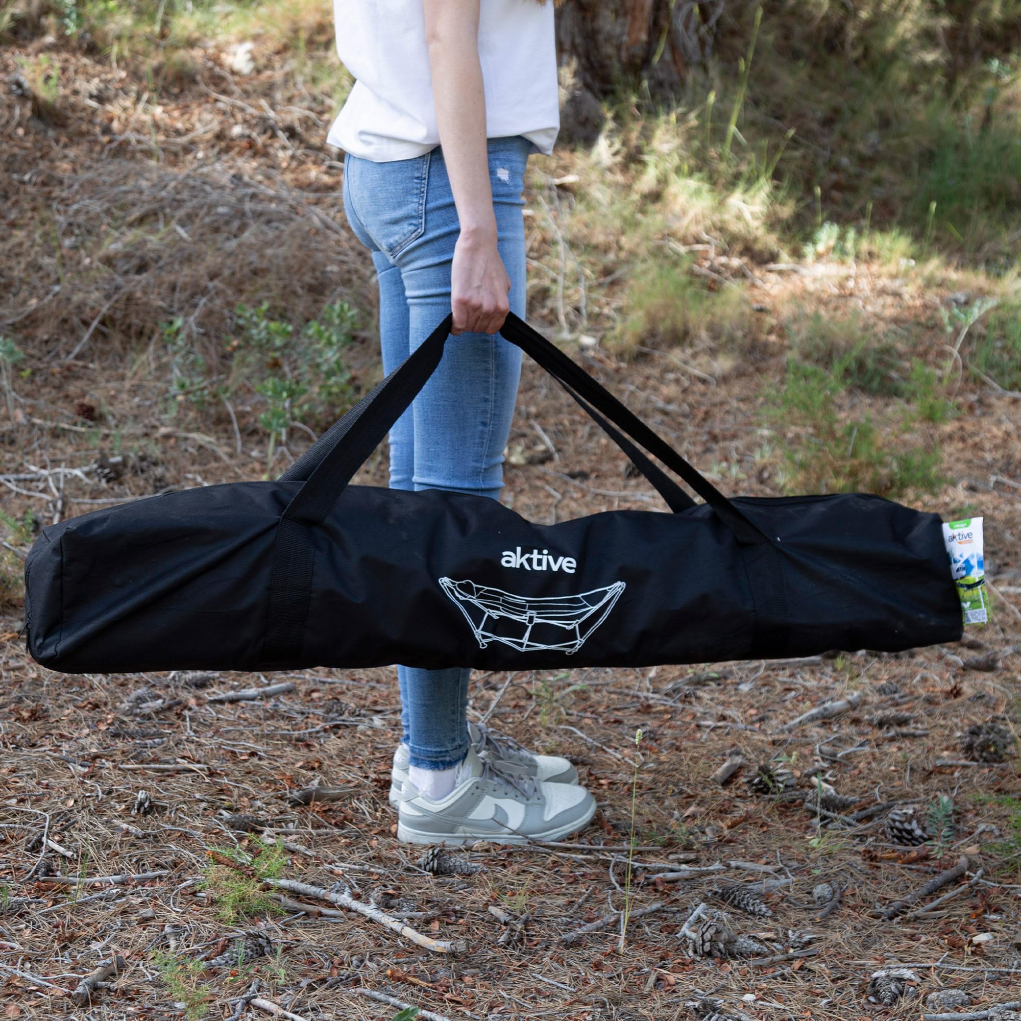 AKTIVE Hamaca Plegable con Estructura de Acero, Asiento de poliéster con Malla y Posavasos, Color Negro, 265 x 78 x 80 cm, Carga máxima 110 kg (63165)
