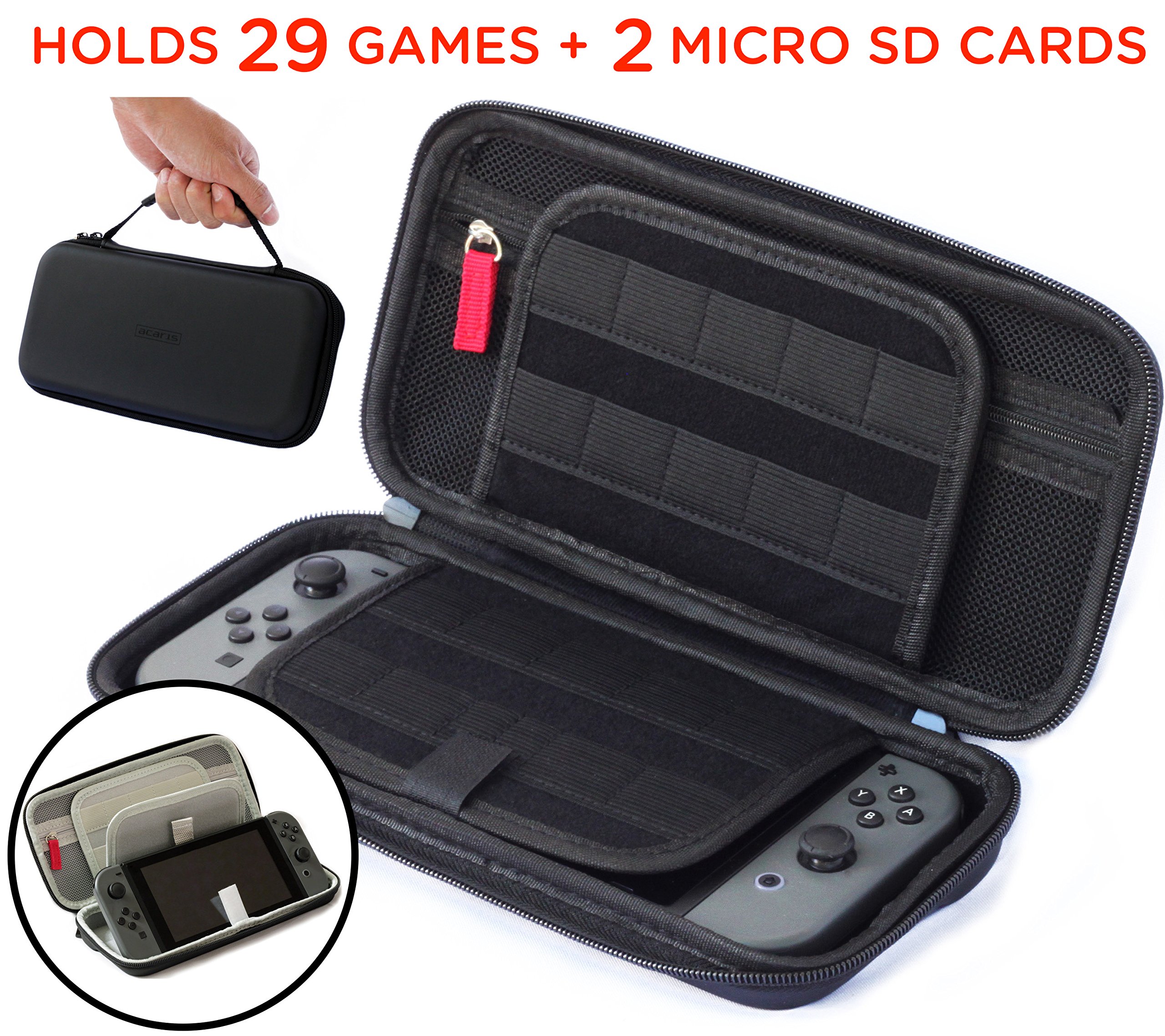 Nintendo Switch Accessories Case - (29 Video Game Cartridges and 2 Micro SD Card Holders) Protective Hard Portable Deluxe Travel Carry Case Shell Pouch by Acaris (Black)