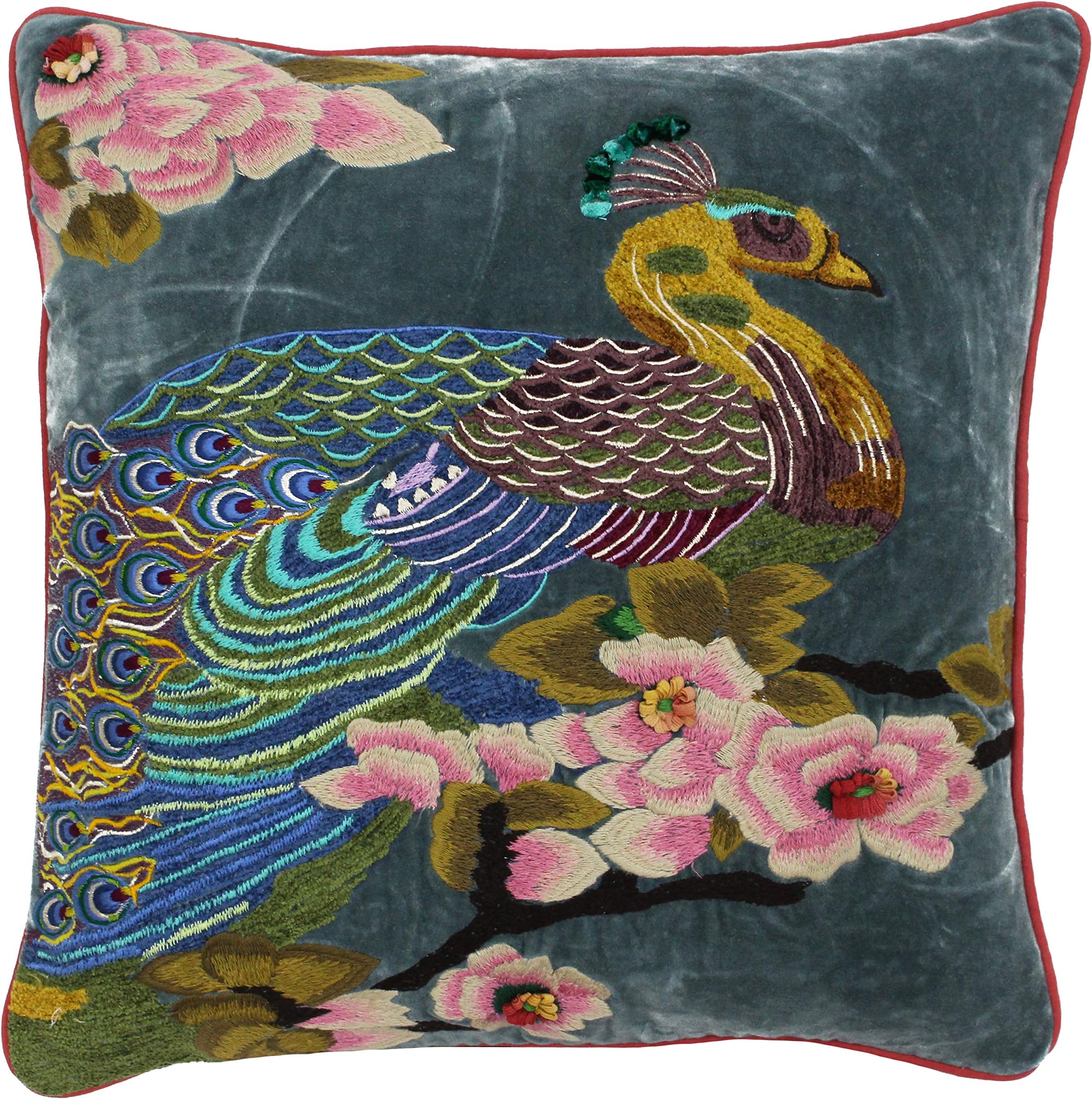 Riva Paoletti Issho Cushion Cover Azure Blue Peacock Design Embroidered and Textured Details 100% Cotton Velvet 45 x 45cm (18" x 18")