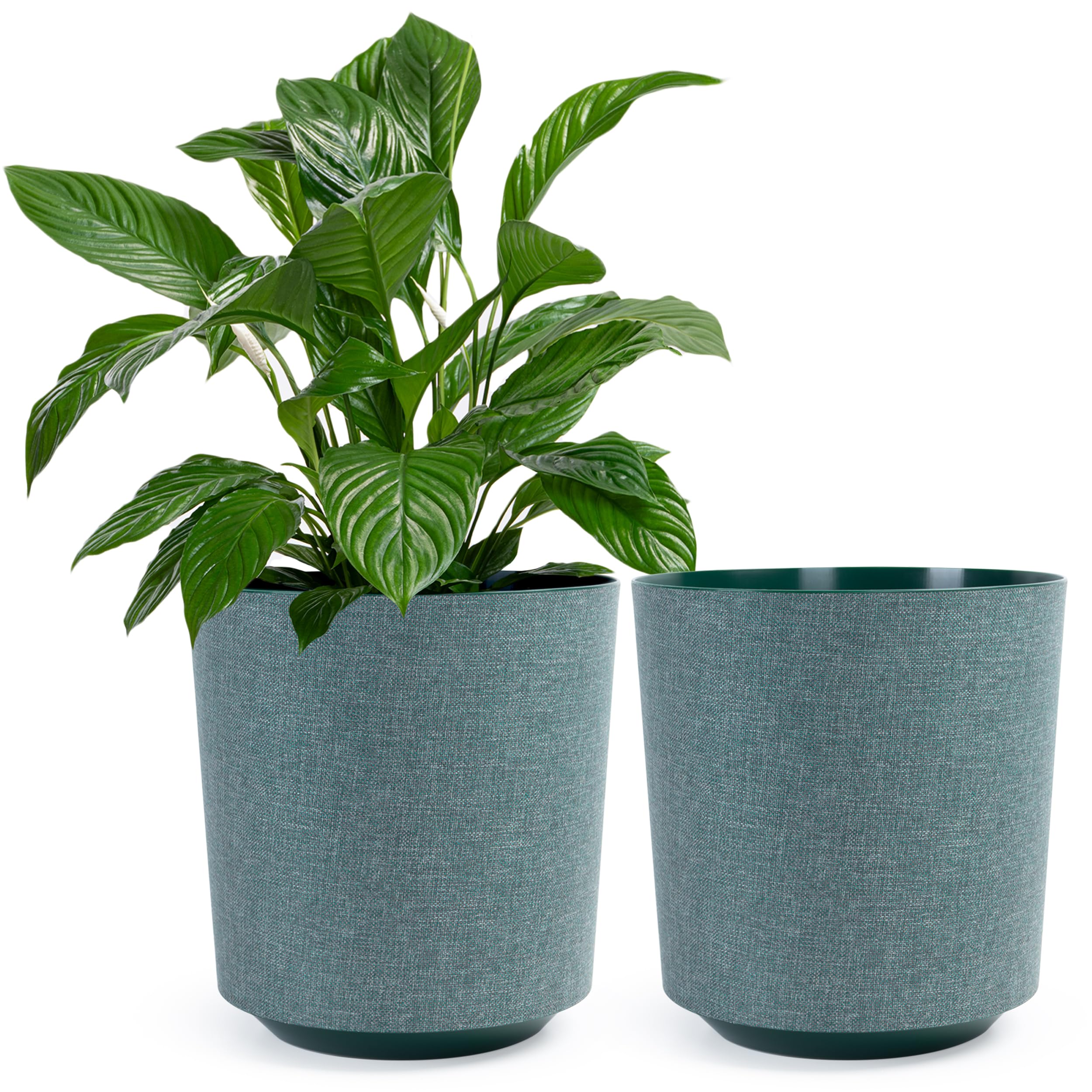 KONZEPT Juego de 2 macetas con aspecto textil, diámetro de 25 cm, macetas grandes para plantas de interior de plástico, color verde