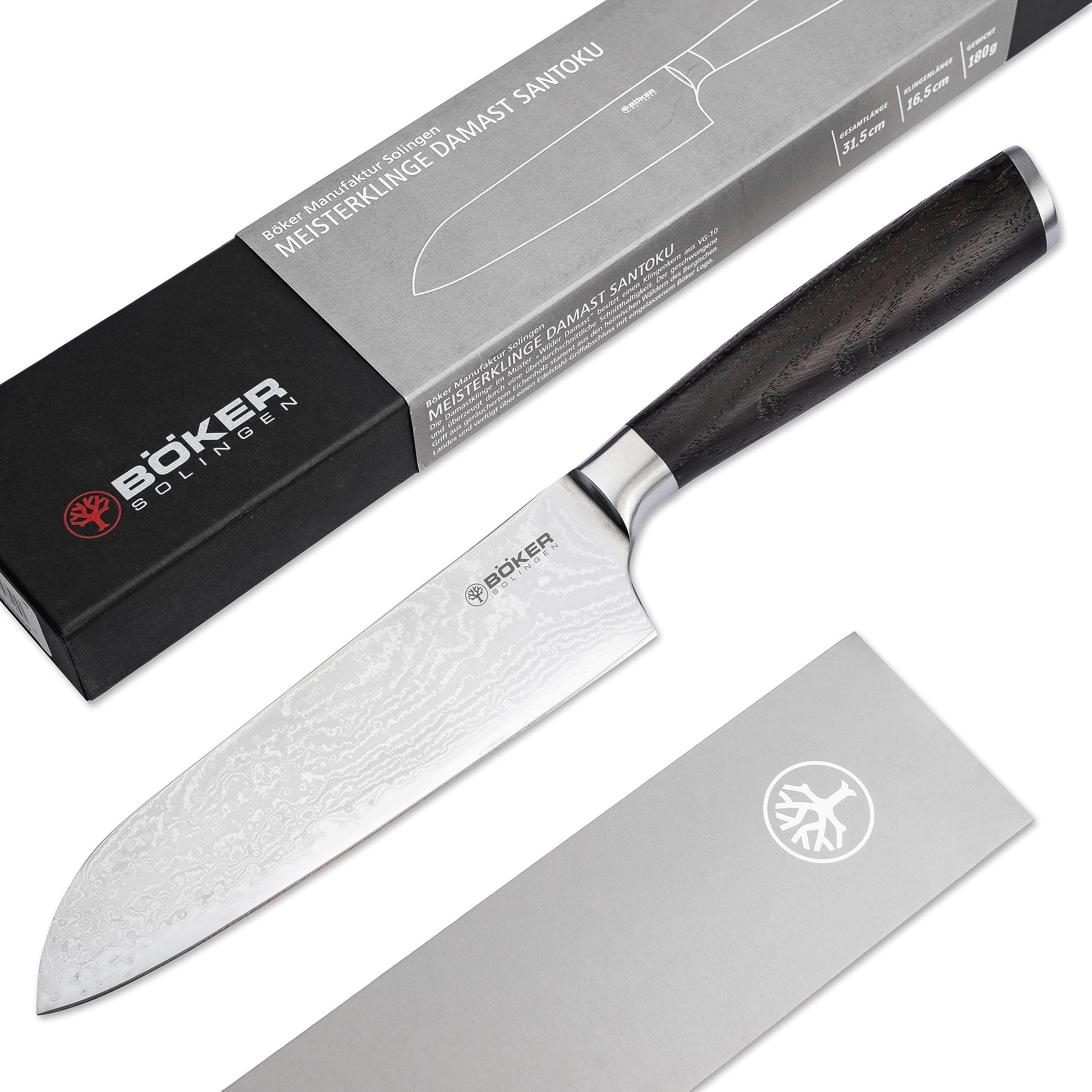 Böker SOLINGEN® Meisterklinge Damast Santoku - extrem scharfes Profi Kochmesser mit 16,5 cm Hybrid Damast Klinge - geschmiedetes Allzweck-Küchenmesser mit Räucher-Eiche Holzgriff in Geschenk-Box