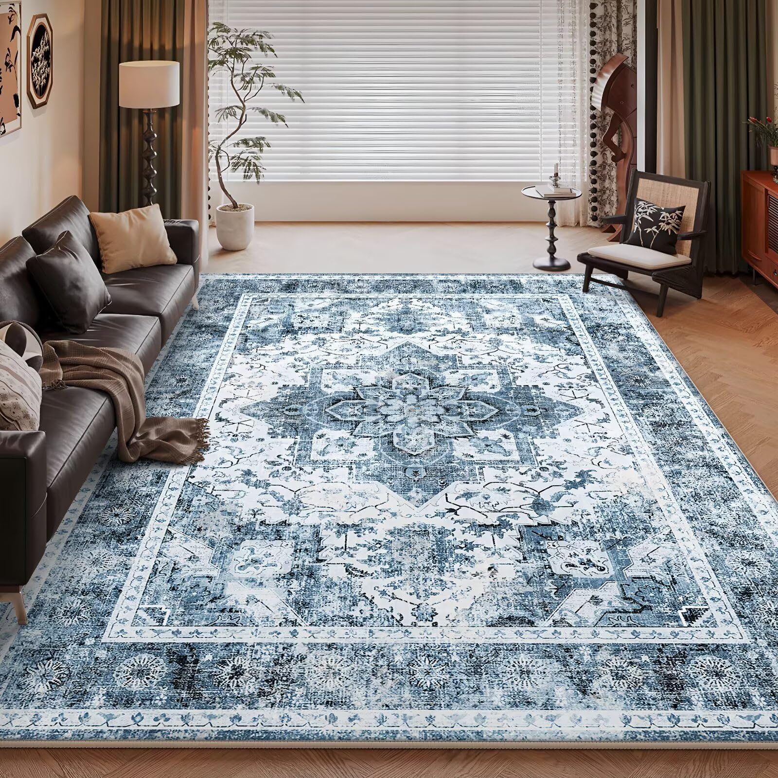 Tapis Sol Lavable 200x300cm,Tapis Grande Taille Bleu,Tradition Rétro pour Jardin,Décoration,Terrasse