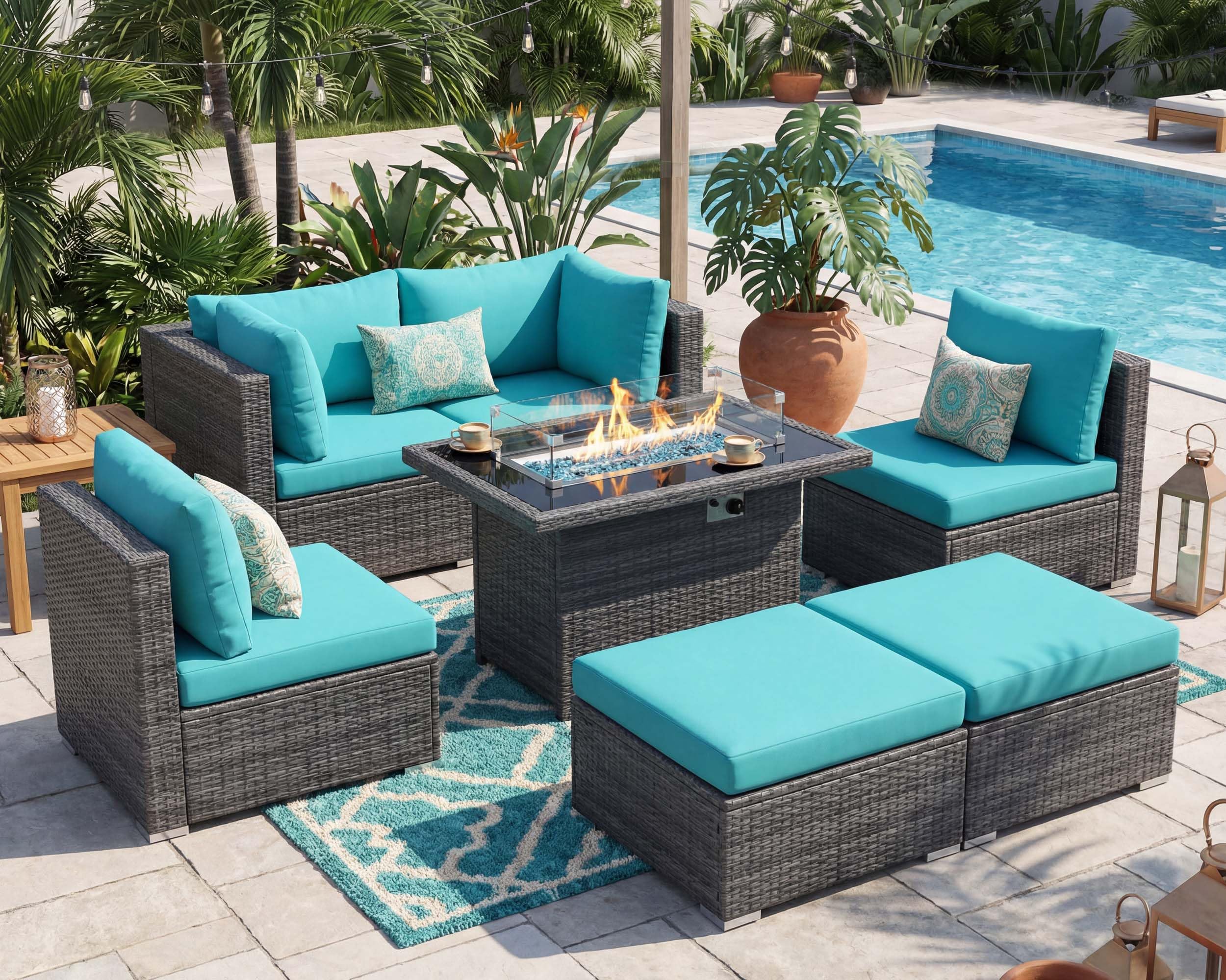 NICESOUL 29.3'' High-Back Outdoor Patio Furniture Set with Firepit Propane & Natural Gas, Oversized Deep Seat Rattan Conversations for Tall People, 7