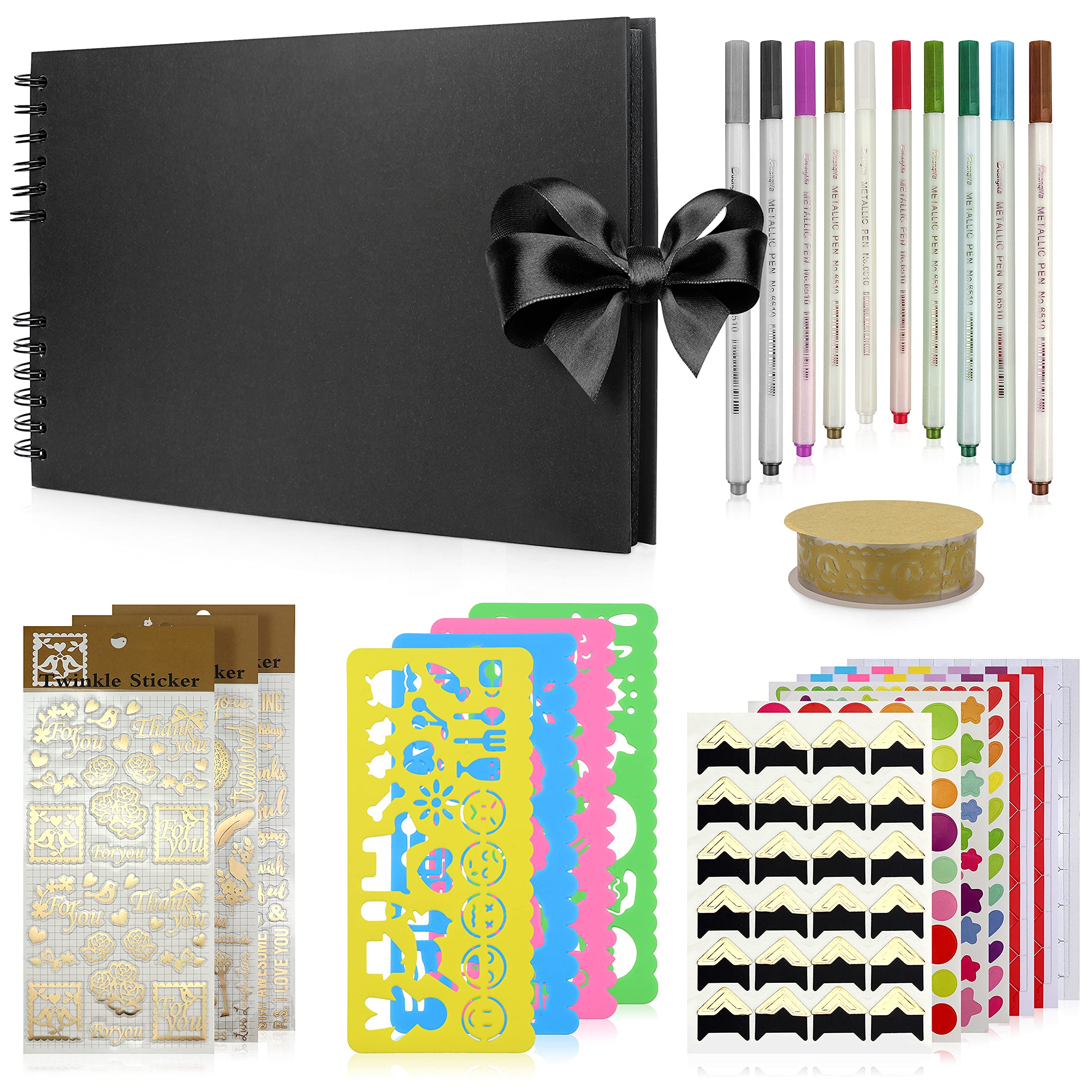 CULTICAL Scrap Book 11.75 x 8.25 inches with 80 Black Pages – Memory Book/Photo Album Scrapbook Kit with 10x Marker Pens, 4x Corner Stickers, 6x Scrapbook Stickers and 4x Stencils