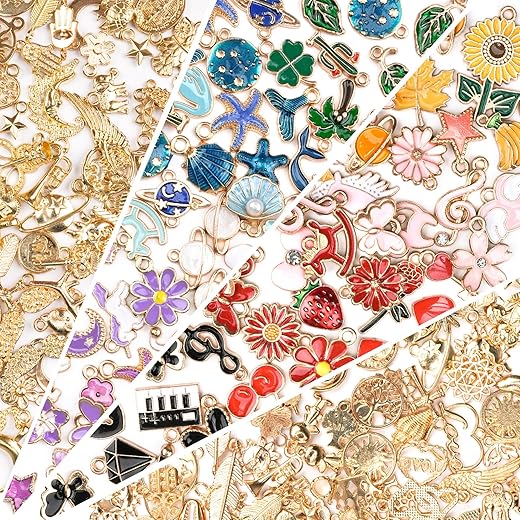 Sistenia 200PCS Charms for Jewelry Making, Bulk Mixed Color Gold Metal Enamel Charms for Bracelets Keychain Making Cute Heart Pendants DIY Earring Necklaces Bag Fun Charm for Arts & Crafts Making Supplies