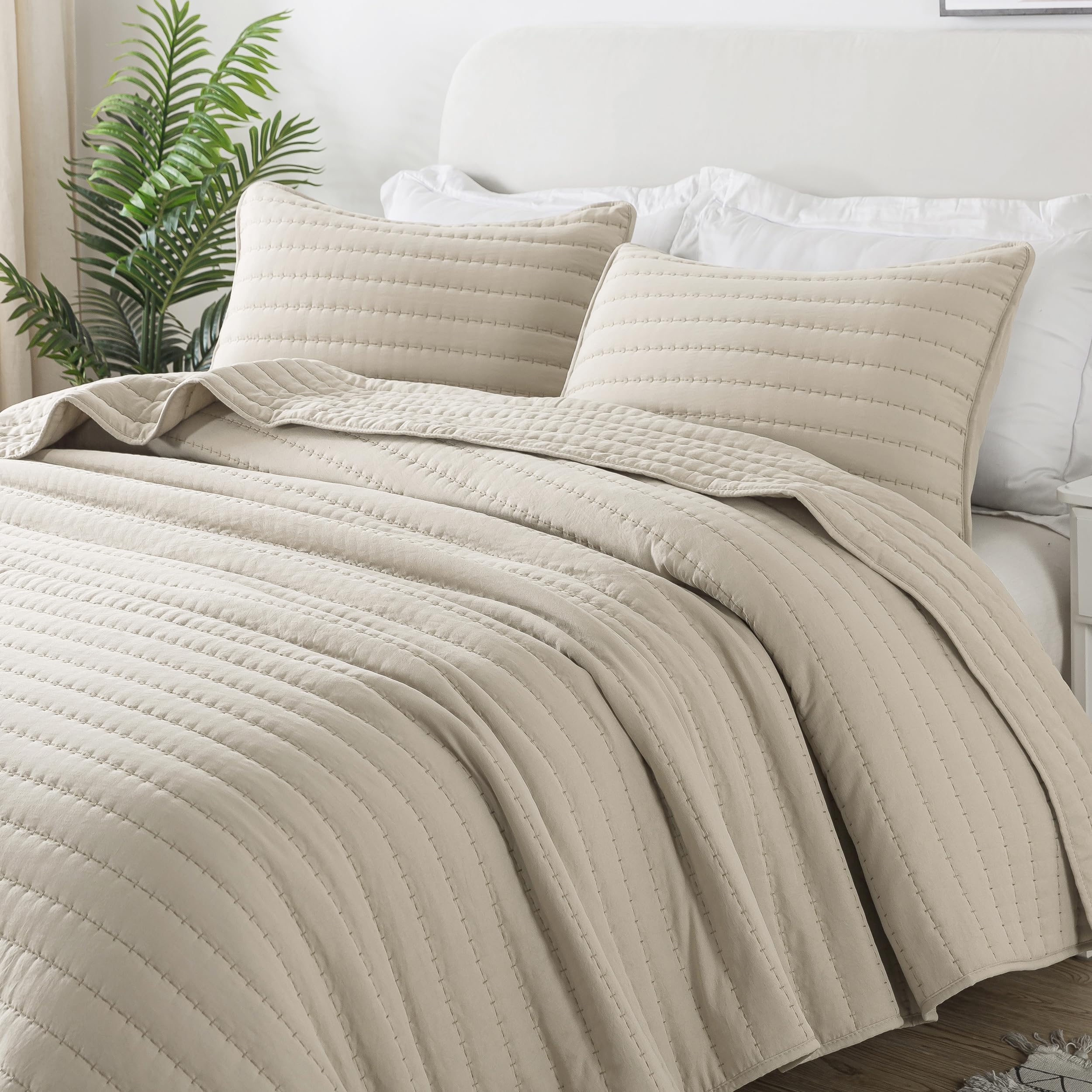 ROARINGWILD Neutral Beige Queen Size Quilt Bedding Sets with 2 Pillow Shams, Full Lightweight Soft Bedspread Coverlet, Quilted Blanket Thin Comforter Bed Cover for All Season, 3 Pieces, 90x90 inches