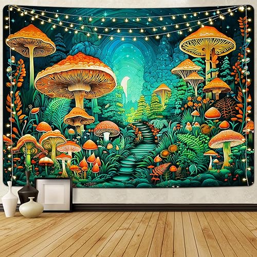 Miniatura 2 de Livole Tapiz de hongos de fantasía, tapiz de estrellas, tapiz de plantas y hojas, tapiz de bosque encantado para colgar en la pared para habitación