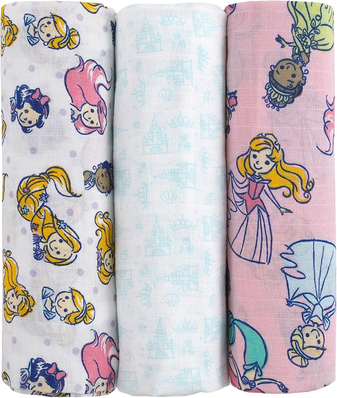 Disney Princesses Pink, Aqua, Lavender, Green, and White 3 Piece Muslin Swaddle Baby Blanket Set