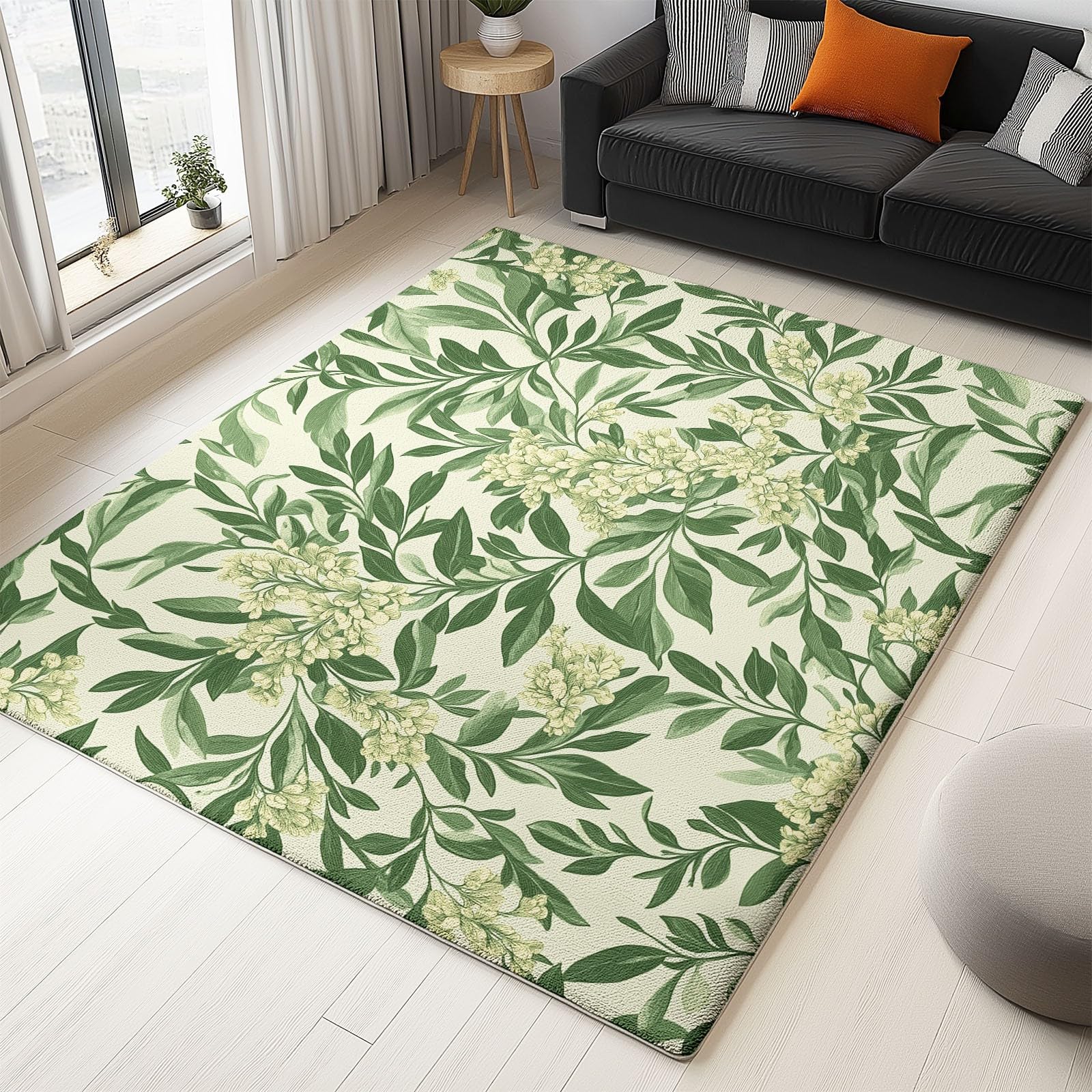 Générique Tapis 160 x 230 cm Salon Chambre à Coucher Bureau, Doux et Antidérapant Lavable en Machine Tapis Décoratif Intérieur Motif Plantes Vert Sauge et crème