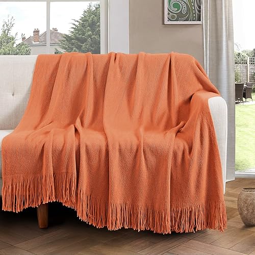 Miniatura 3 de Vonty Manta de punto naranja óxido con borlas y flecos, 50 x 60 pulgadas, manta de punto súper suave, manta ligera decorativa de granja para sofá,