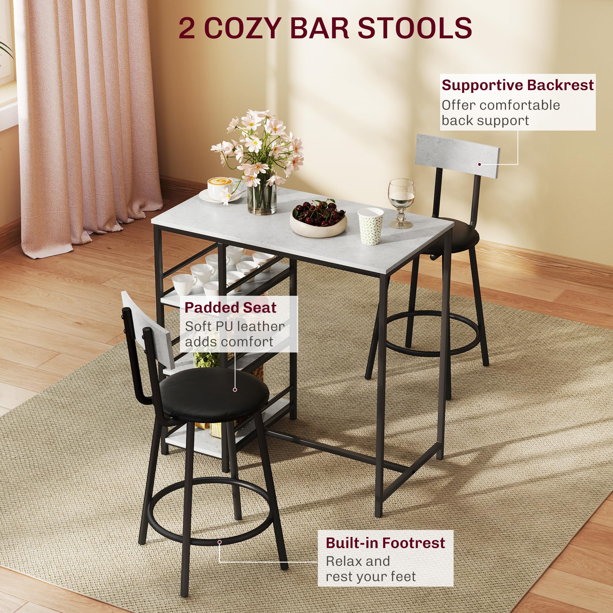 HOMCOM 3-teiliges Frühstücksbar-Tischset, platzsparender Bar-Tisch und PU-Lederhocker für 2, Esstisch-Set mit Ablageflächen, Hellgrau
