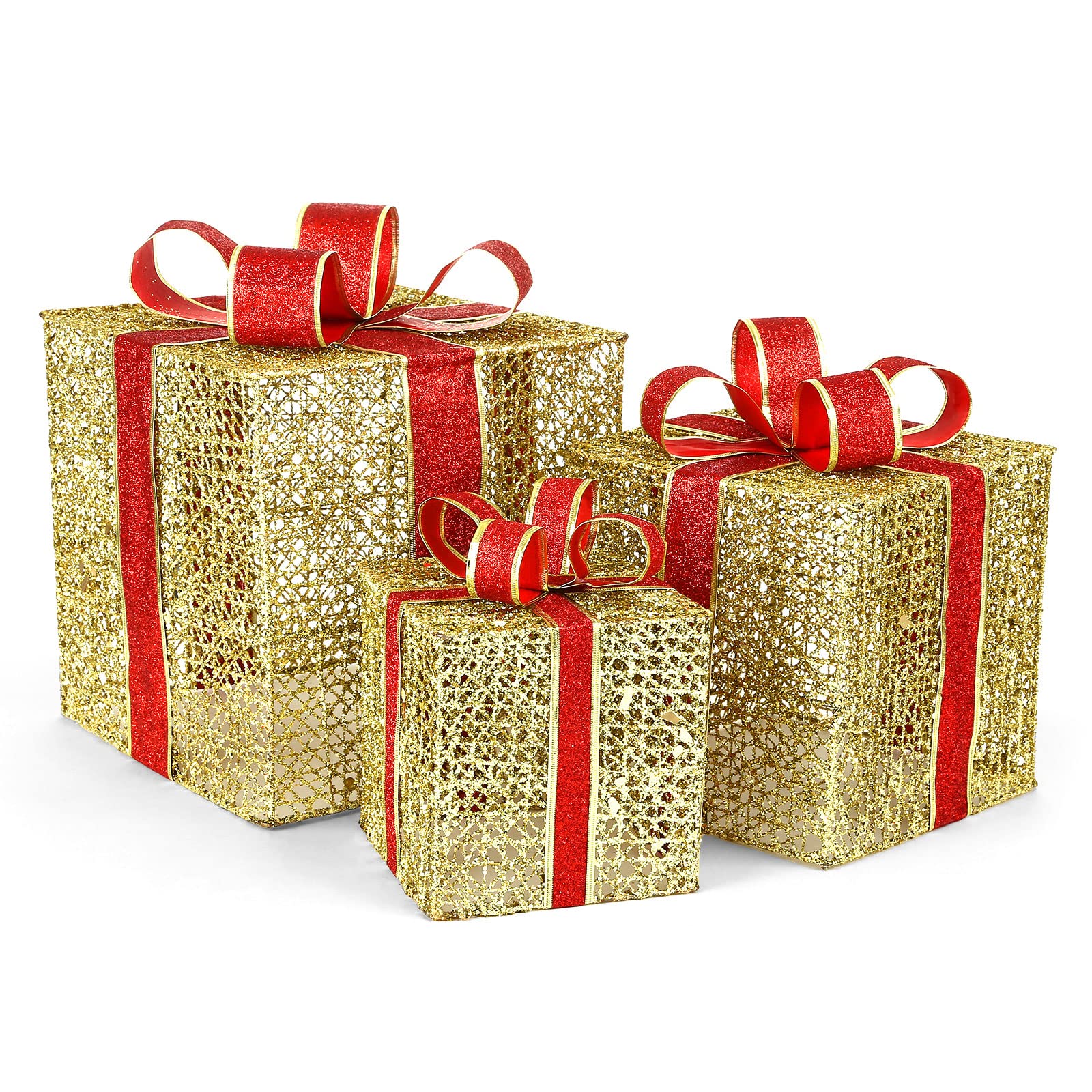 Scatola Regalo Regali Natale GWHOLE Set di 3, Scatole Regalo con Luci a LED Giallo Calde Pacchi Natalizi con Orpelli e Fiocco per Decorazioni Natalizie