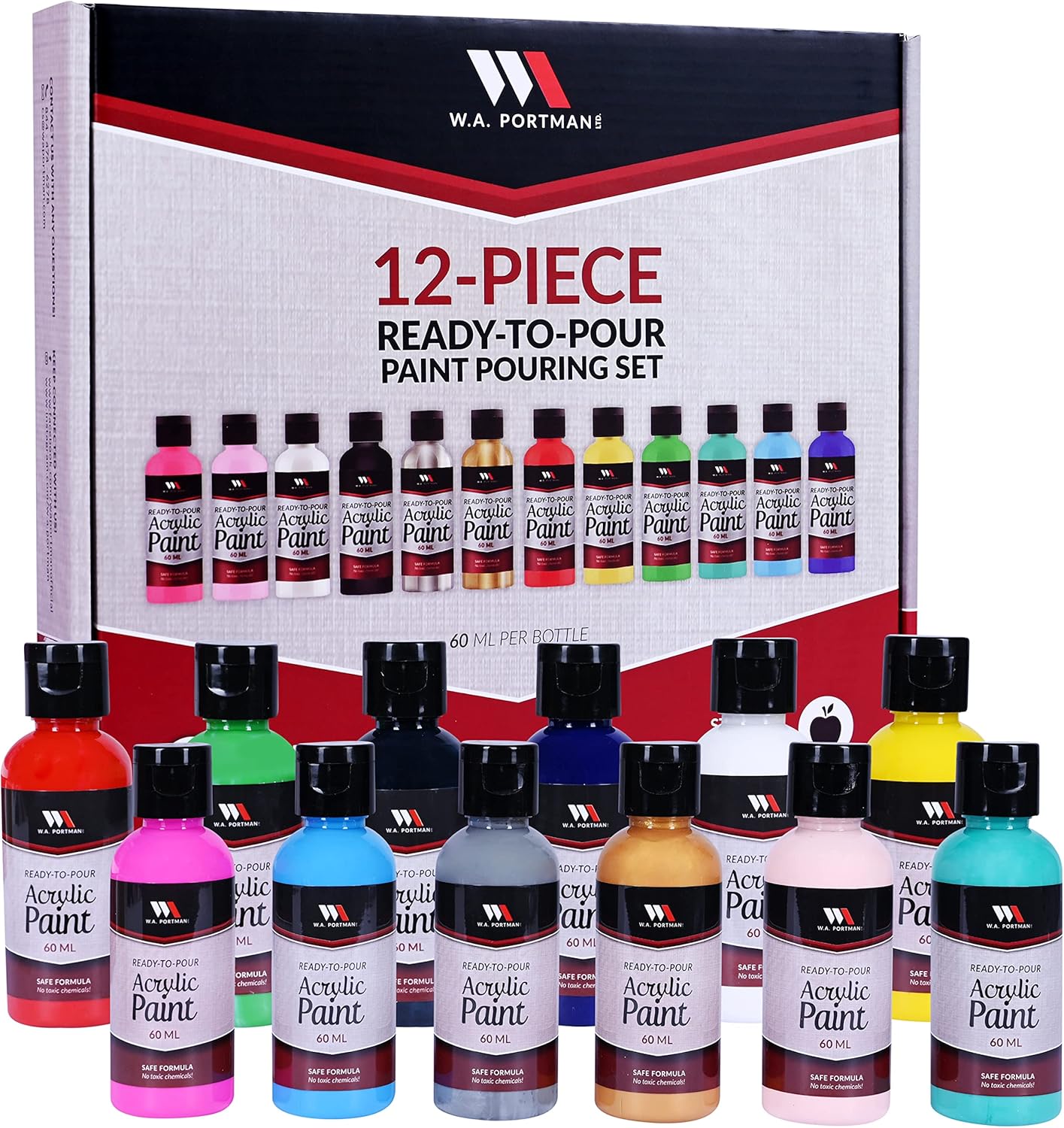 WA Portman 12 Piece Ready to Pour Paint Pouring Kit 2 oz Bottles of Acrylic