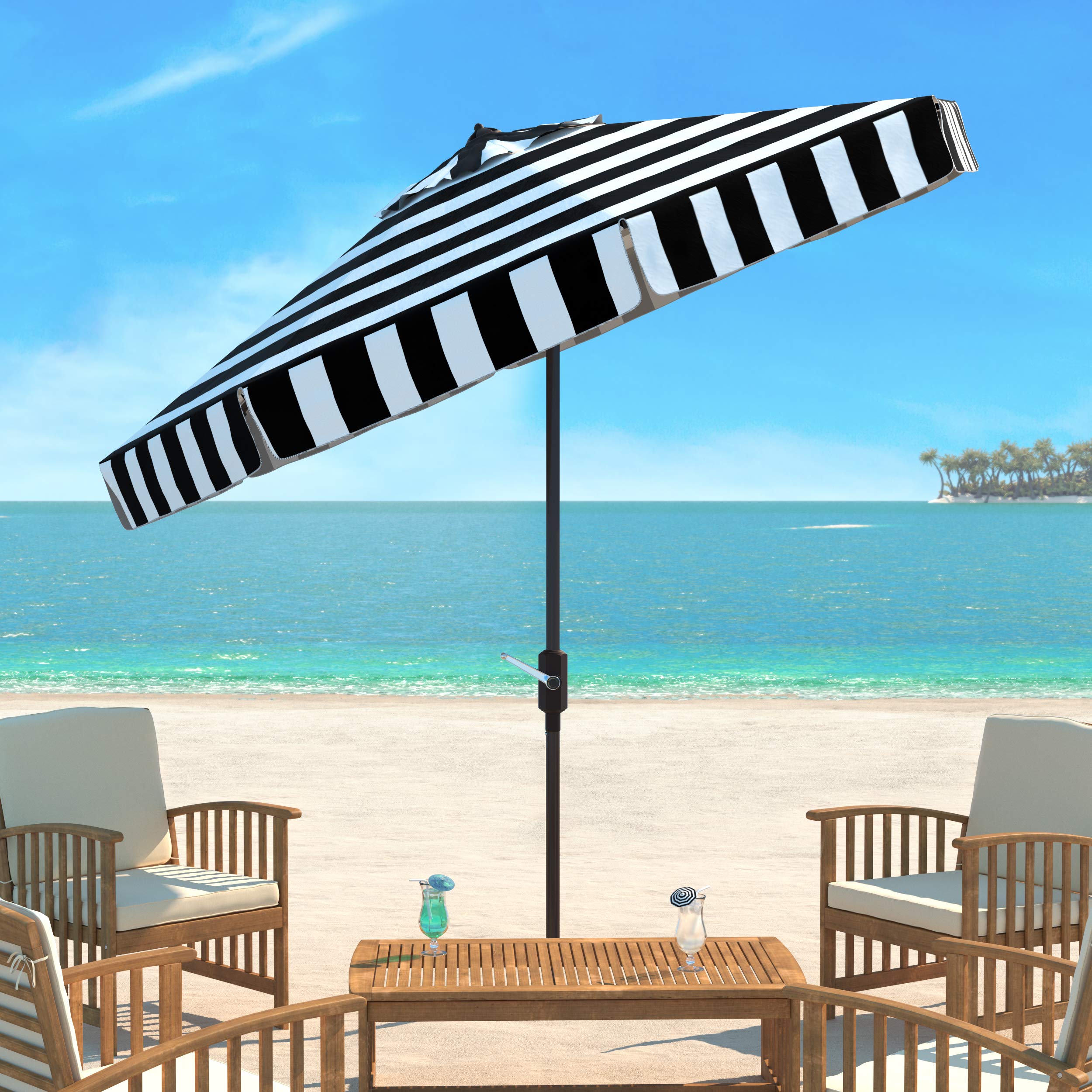 european patio umbrella SAFAVIEH Outdoor - Elsa 9-Foot Crank - Black & White Canopy - Brown Aluminum Pole - Striped Spa Design Assembled in the USA. A little slice of European