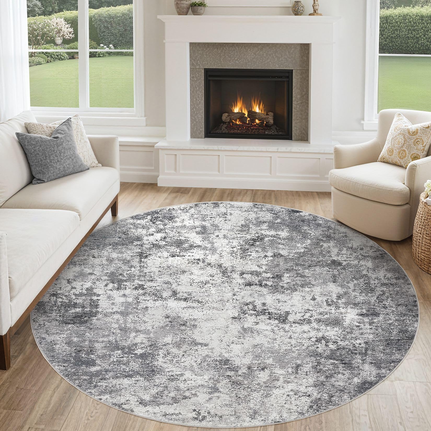 Photo 1 of UERMEI 6ft Round Area Rug Living Room Rugs - 6x6 Washable Neutral Modern Abstract Soft Thin Rug Indoor Floor No Slip Rug Carpet for Bedroom Under Dining Table Home Office Decor - Grey