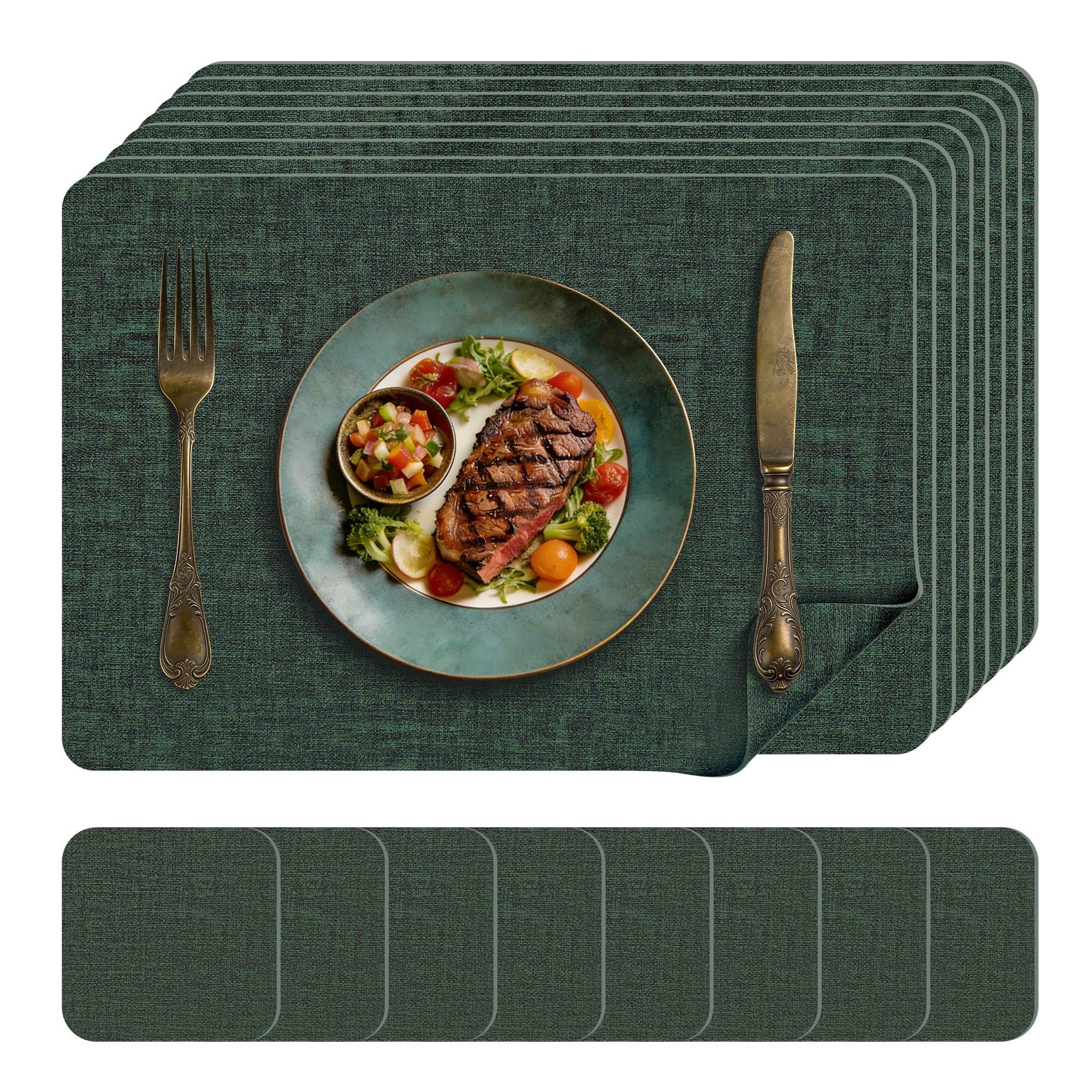 KitchenBoss Tovagliette Americane Lavabili con Sottobicchieri, Set di 8 Tovagliette Colazione Tovaglietta Effetto Pelle Resistenti al Calore, Impermeabili su Entrambi i Lati, 43×30 cm, verde
