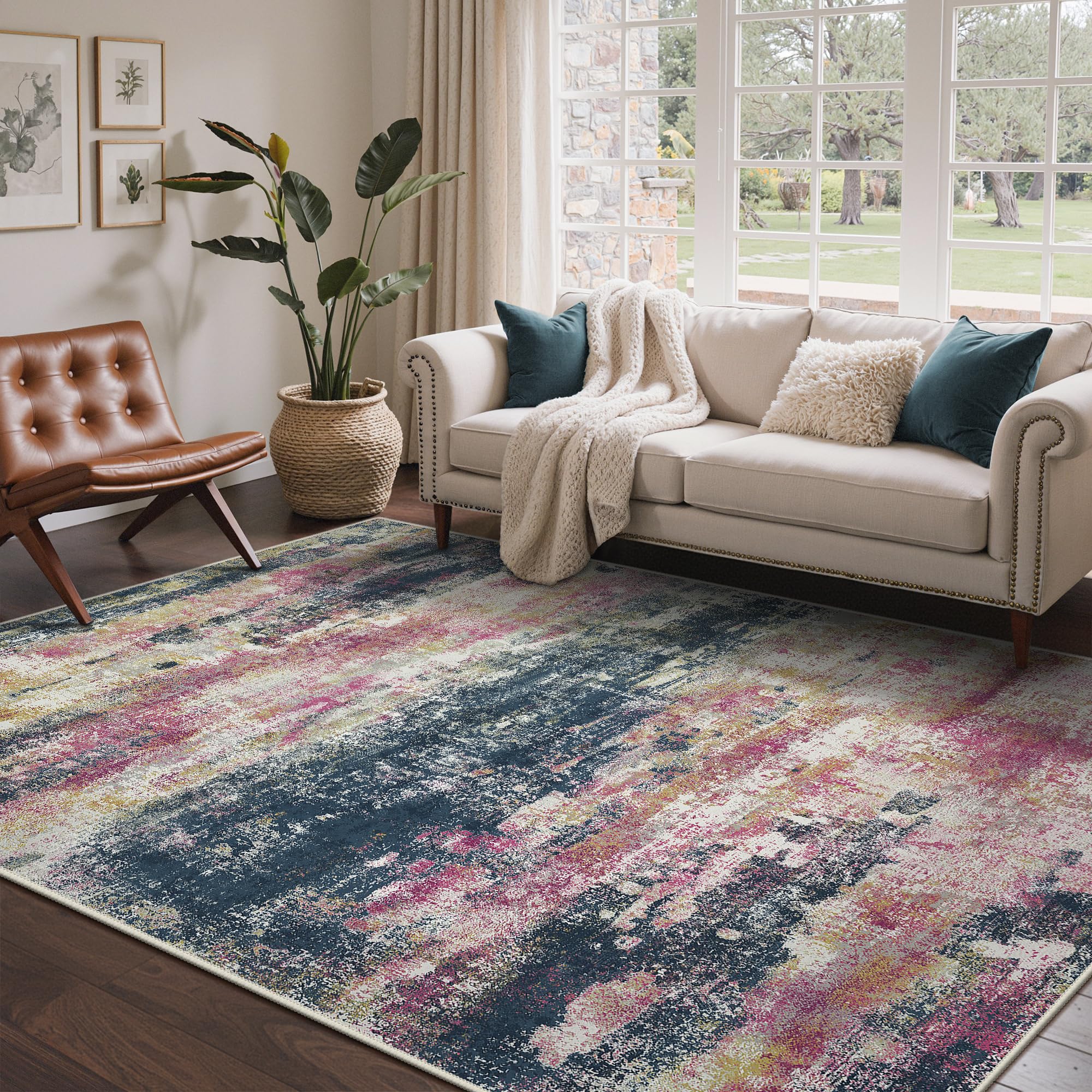 BEIMO 5x7 Area Rugs for Bedroom, Navy Pink Washable Abstract Non Slip Rug