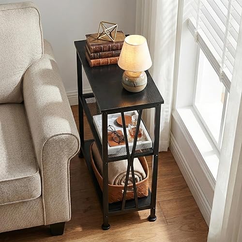 Miniatura 11 de GIOPACO Mesa auxiliar estrecha, mesa auxiliar de 20 pulgadas de largo con estantes de almacenamiento de 3 niveles, mesa de pasillo pequeña, Marrón