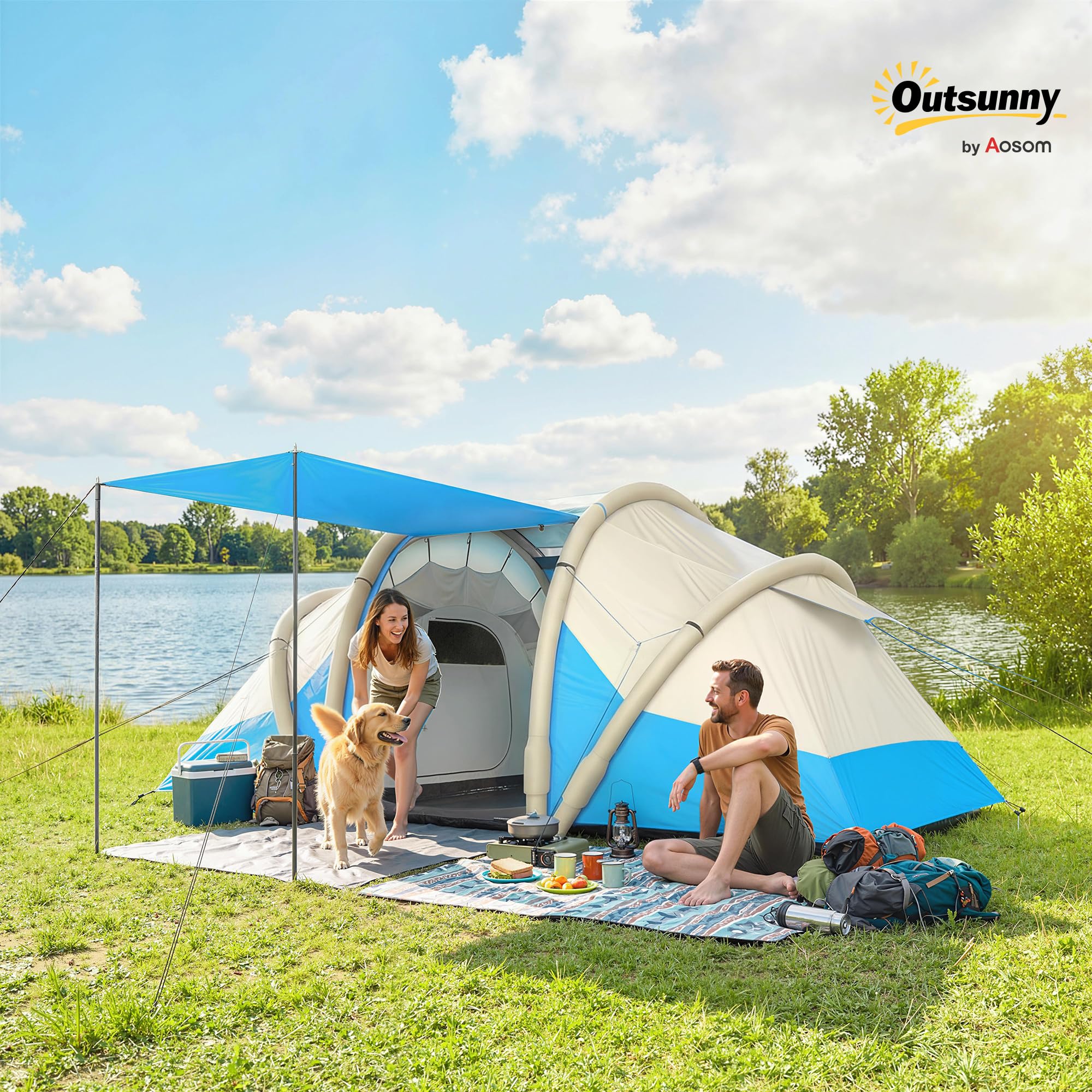 Outsunny Aufblasbares Campingzelt mit Luftpumpe, Campingzelt für 4 Personen, wasserdicht 3000 mm, mit 2 Schlafzimmern, Fenstern, Türen und Tragetasche, schnelle Montage, Blau