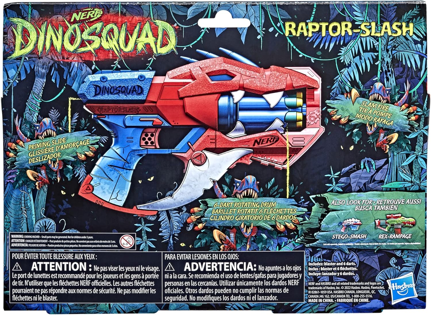 Nerf DinoSquad Raptor-Slash Dart Blaster, 6-Dart Rotating Drum, Slam Fire Action, 6 Official Elite Darts, Velociraptor Dinosaur Design