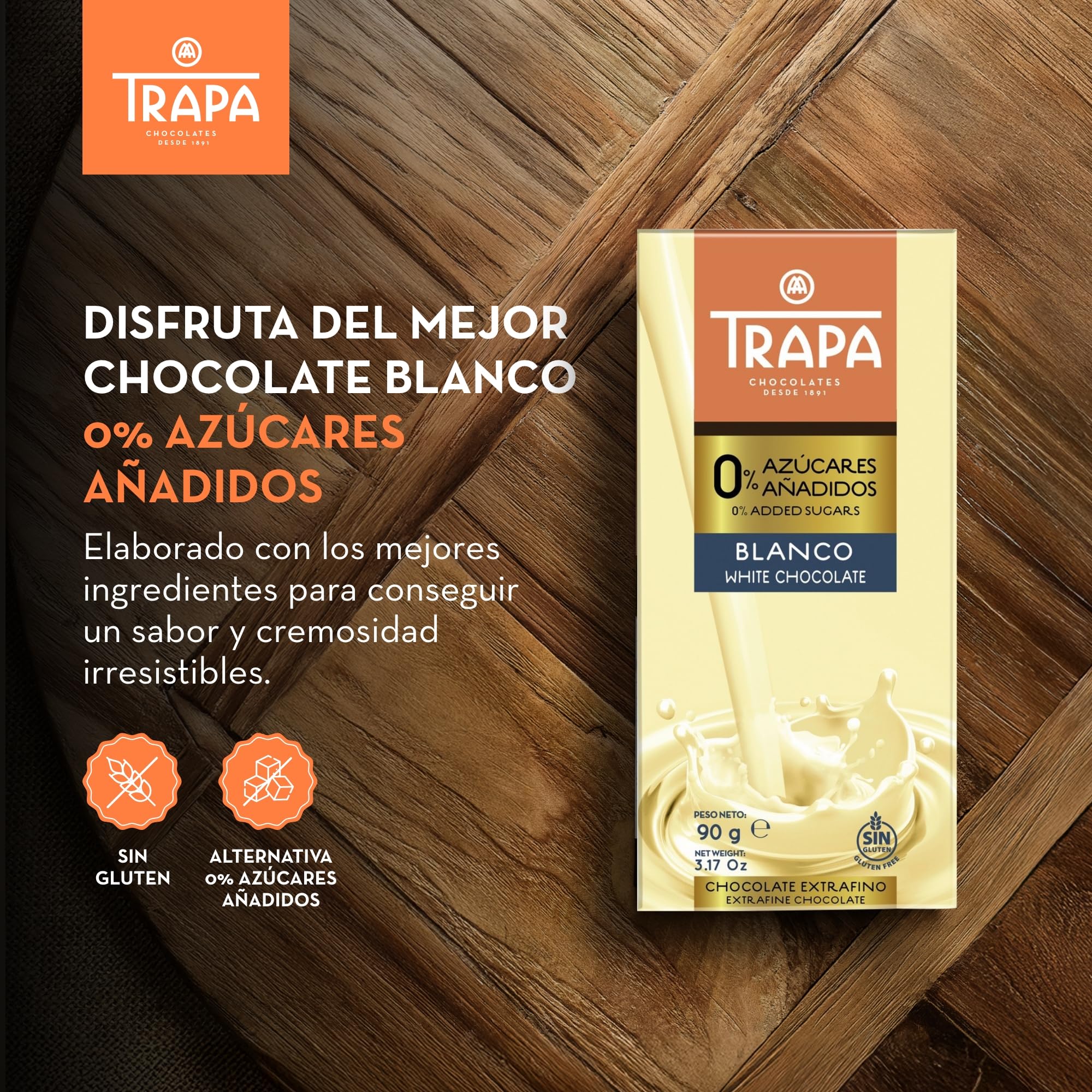 TRAPA 0% AZÚCARES AÑADIDOS | Chocolate Blanco | Tableta 90 g | Sin Gluten