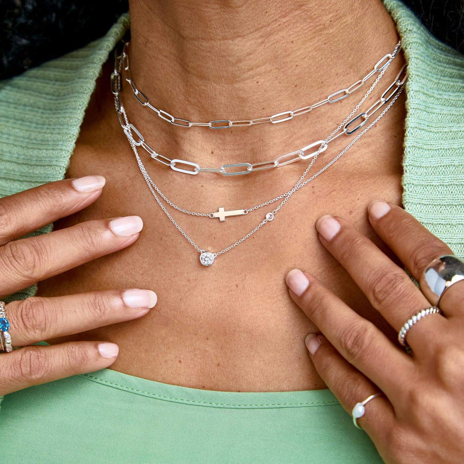 Simplex Horizontal Cross Pendant Necklace, Sterling Silver, White - Image 7