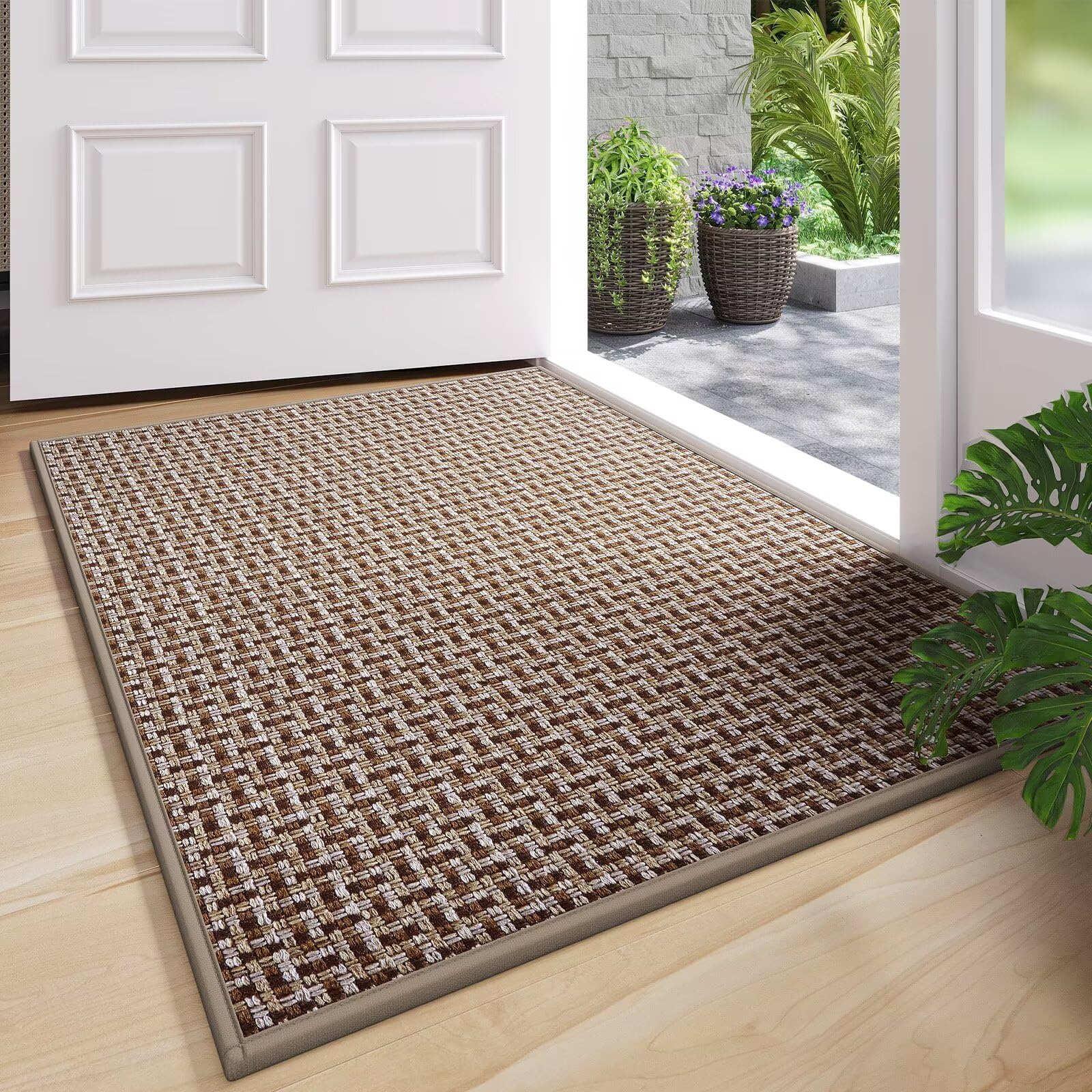 2 door mat 17x30, door mat indoor entrance dirt resistant and absorbent, non-slip rubber backing front door mats, easy clean low-profile doormat for entryway, front door, inside entrance, brown