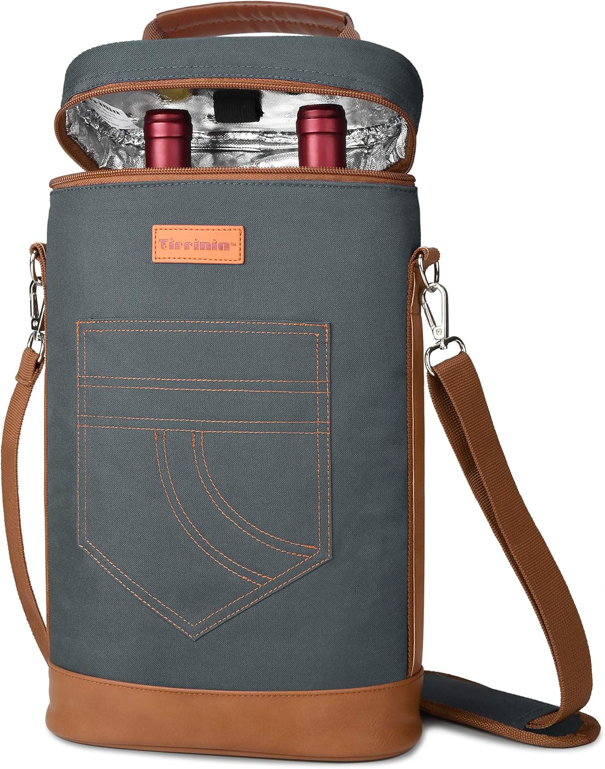 An insulated leather wine tote bag for two bottles.