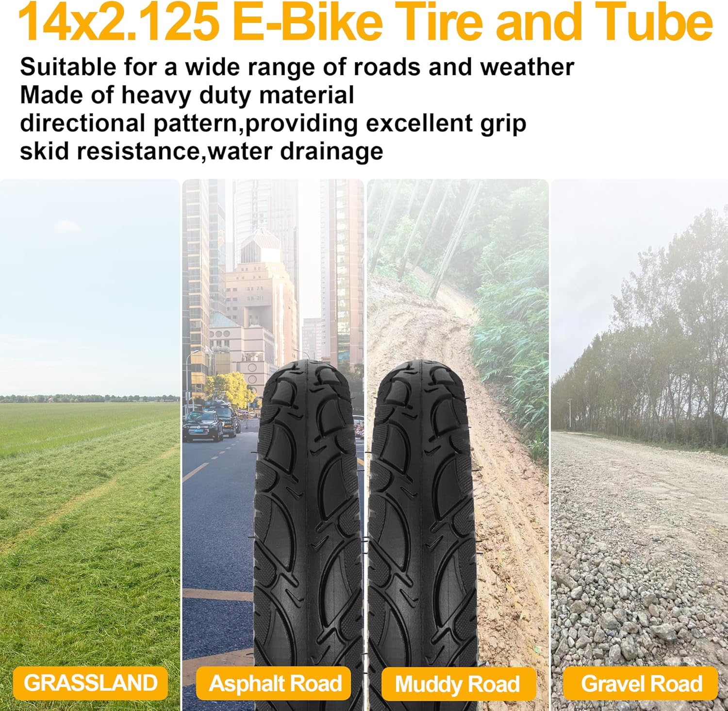 14x2.125 54-254 E-Bike Tire and Tube Set, 14 Inch Electric Scooter Tire Tube with Angled Valve Stem Replacement Electric Scooters,Bikes and Kids Bikes - 2 Pack