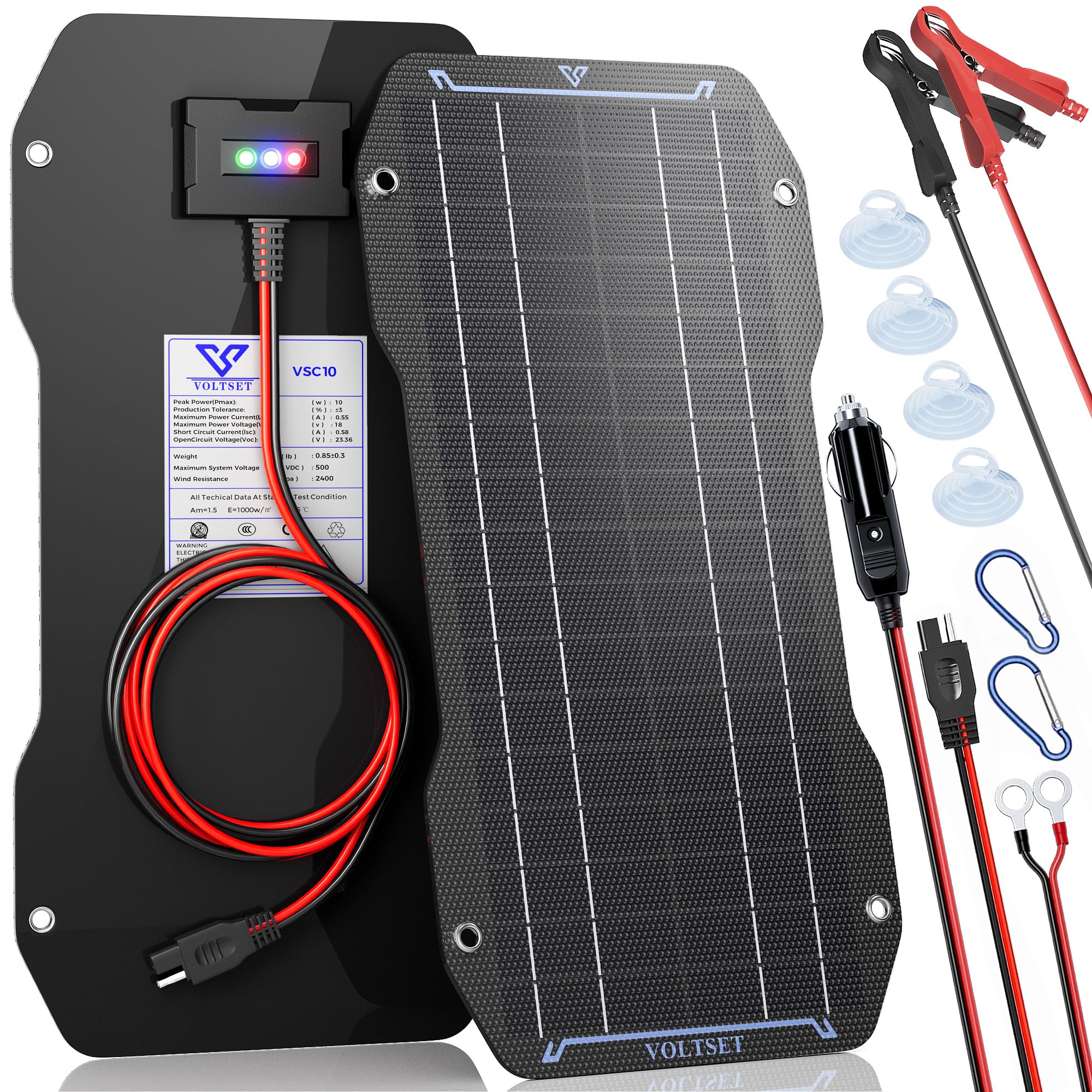 Voltset Cargador de batería portátil de 10 W con panel solar de 12 V para coche, barco, autocaravana y motocicleta