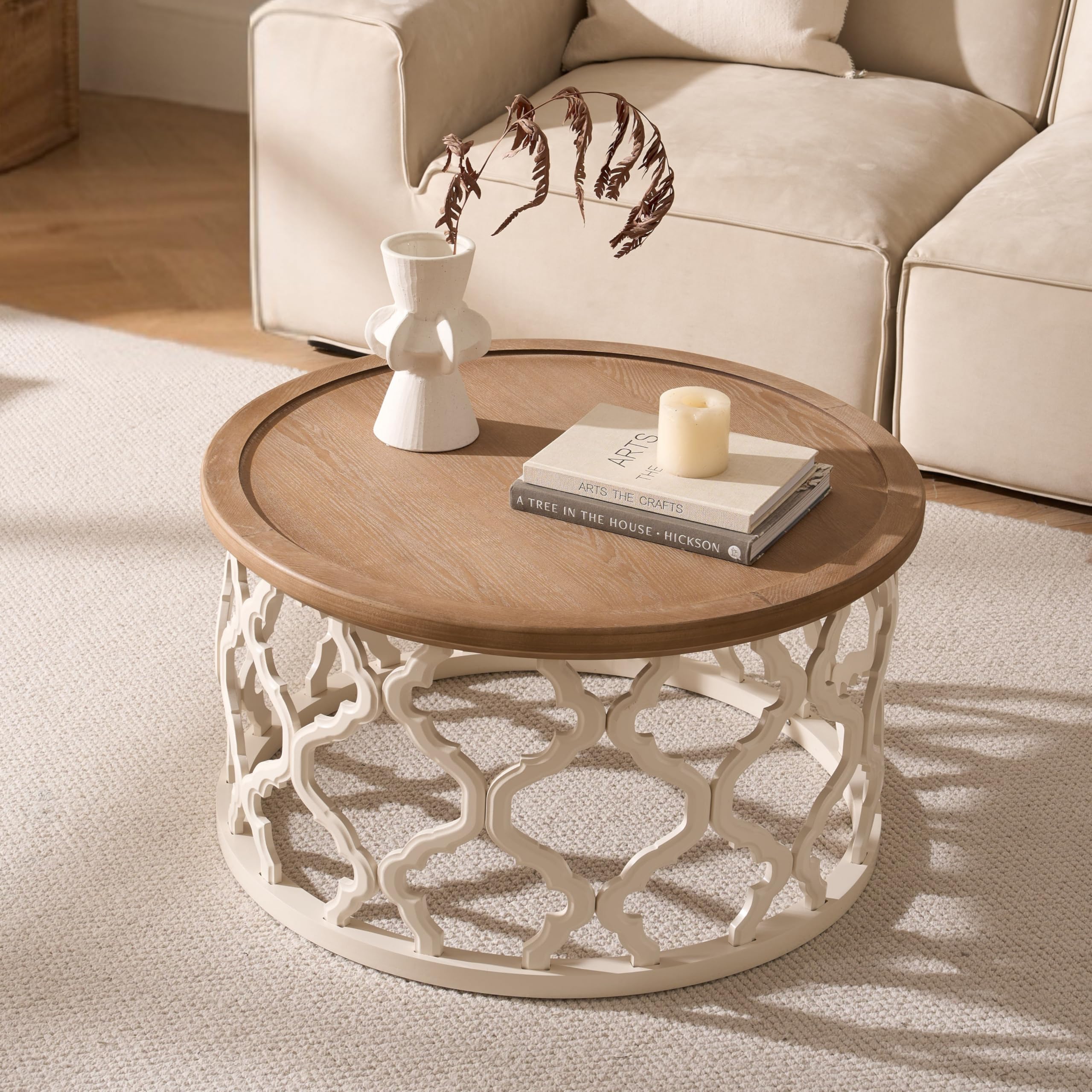 Table Basse Ronde, Table de Salon en Bois avec Pieds ajourés, Table Basse Moderne avec Bords surélevés pour Salon ou Chambre à Coucher, Table Basse Ronde Ø76x41cm (Ø76x41cm)