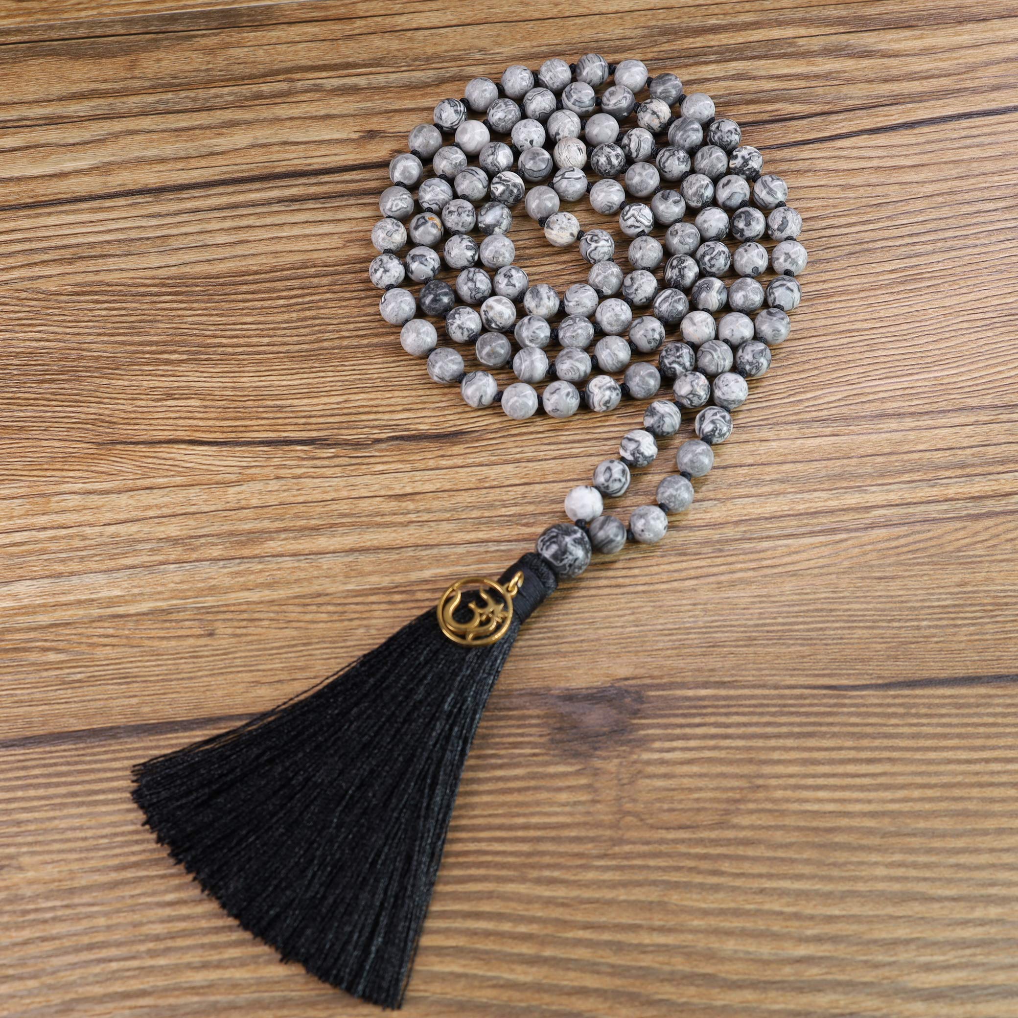COAI Geschenkideen Unisex Handgeknüpft 108 Mala Yoga Kette Buddhistische Halskette Gebetskette aus 8mm Map Jasper Karte Jaspis mit Quaste und OM Anhänger