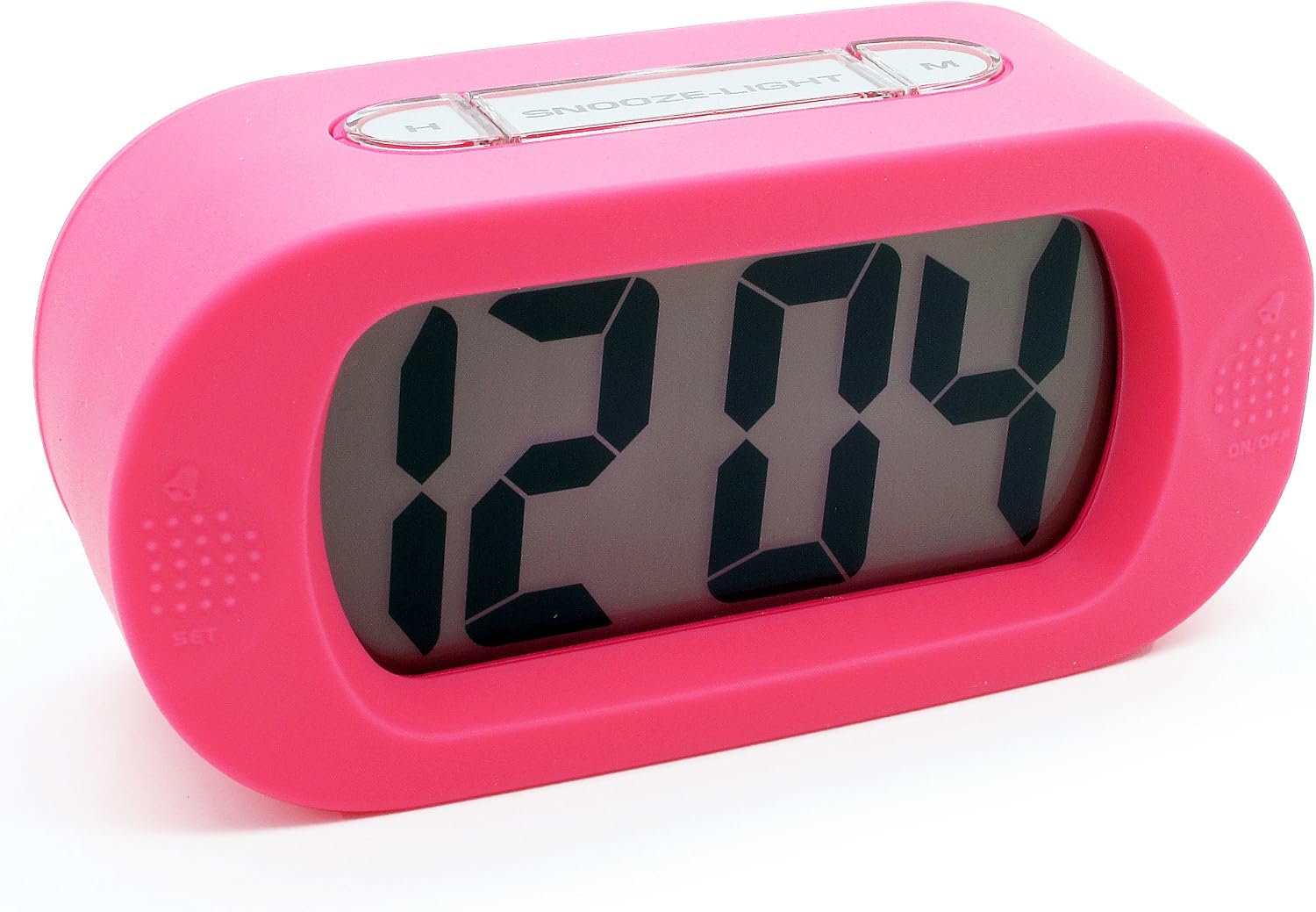 JCC Easy Setting Easy Read Silicone Protective Cover Digital Silent LCD Large Screen Bold Numbers Bedside Desk Alarm Clock with Snooze, Night Light Function, Battery Powered (Pink)